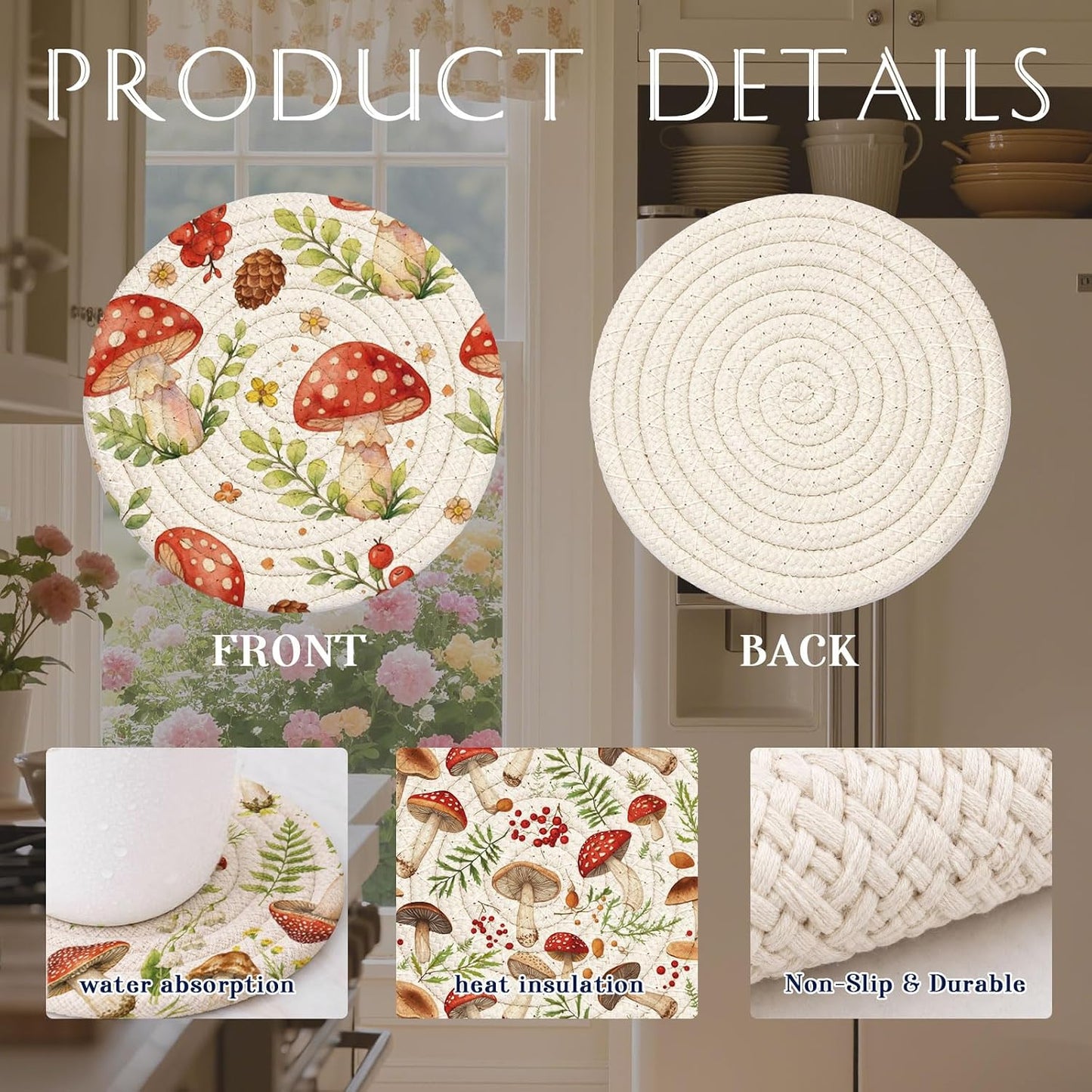 Cotton Woven Coaster / Leaves and Mushroom / 4.3 Inch / Set of 9