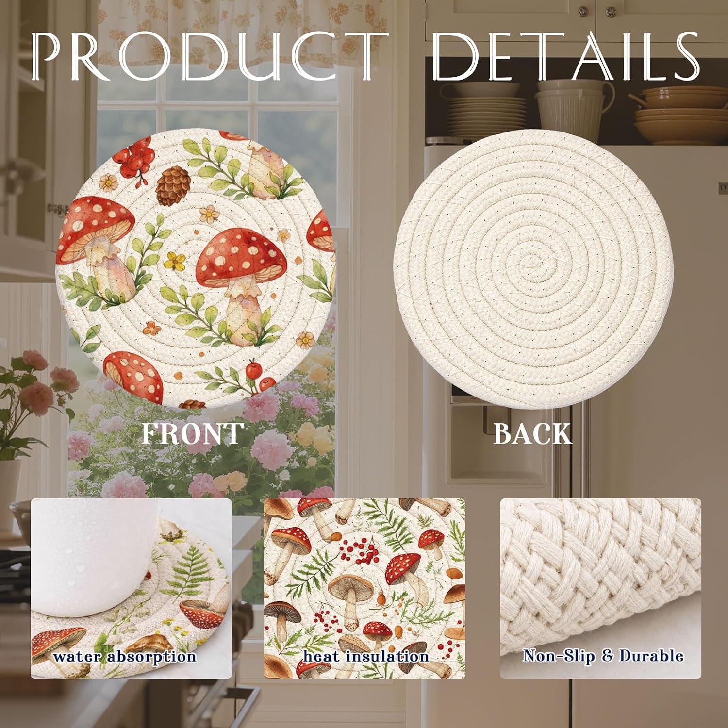Cotton Woven Coaster / Leaves and Mushroom / 4.3 Inch / Set of 9