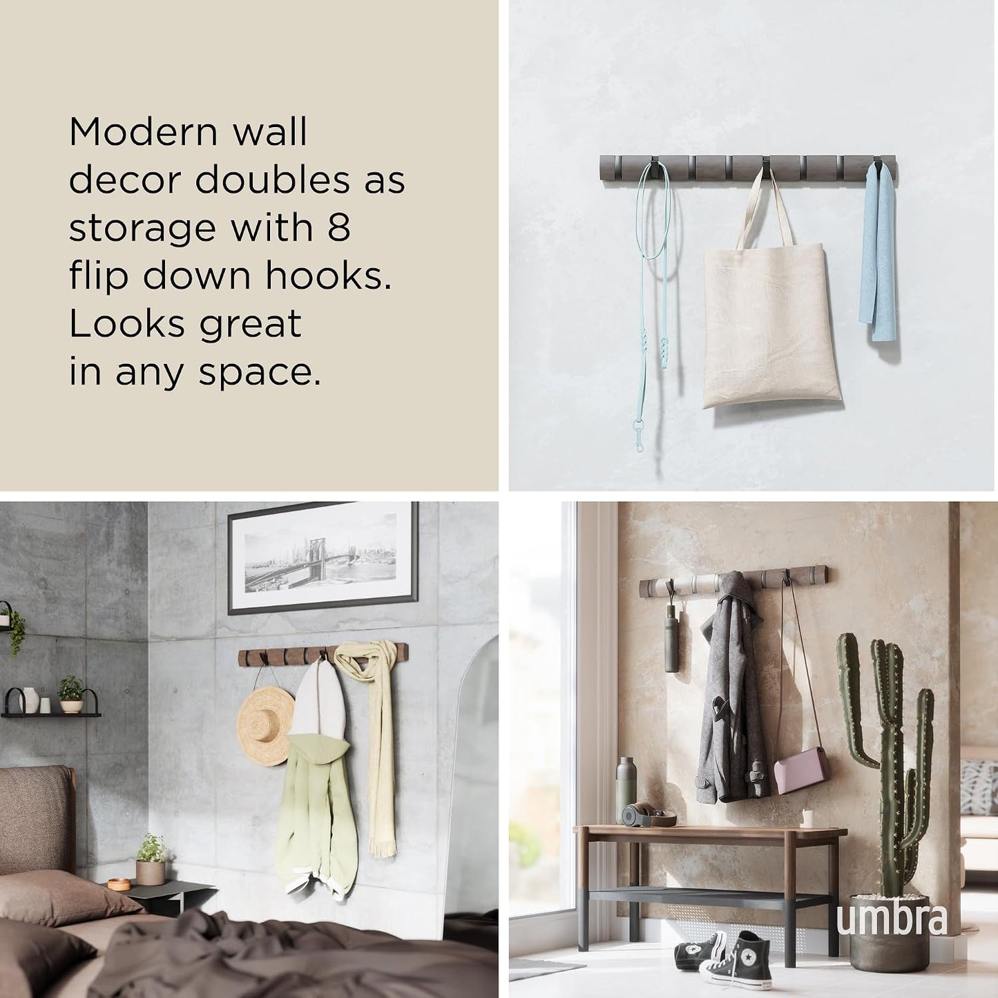 Umbra Flip Coat Rack, Wall Mount 8-Hook, Space Saving, White | Real wood and steel build, retractable hooks fold flat