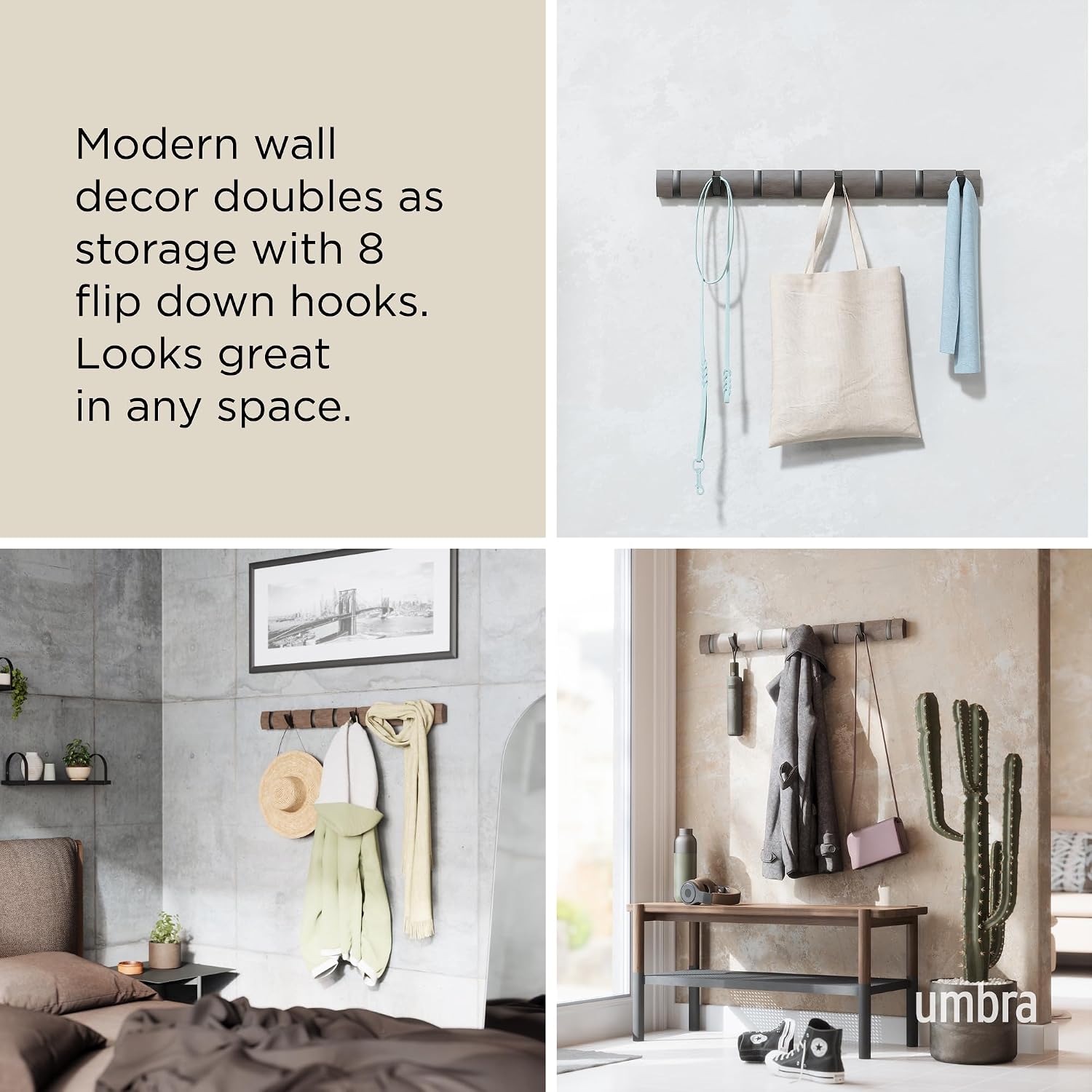 Umbra Flip Coat Rack, Wall Mount 8-Hook, Space Saving, White | Real wood and steel build, retractable hooks fold flat