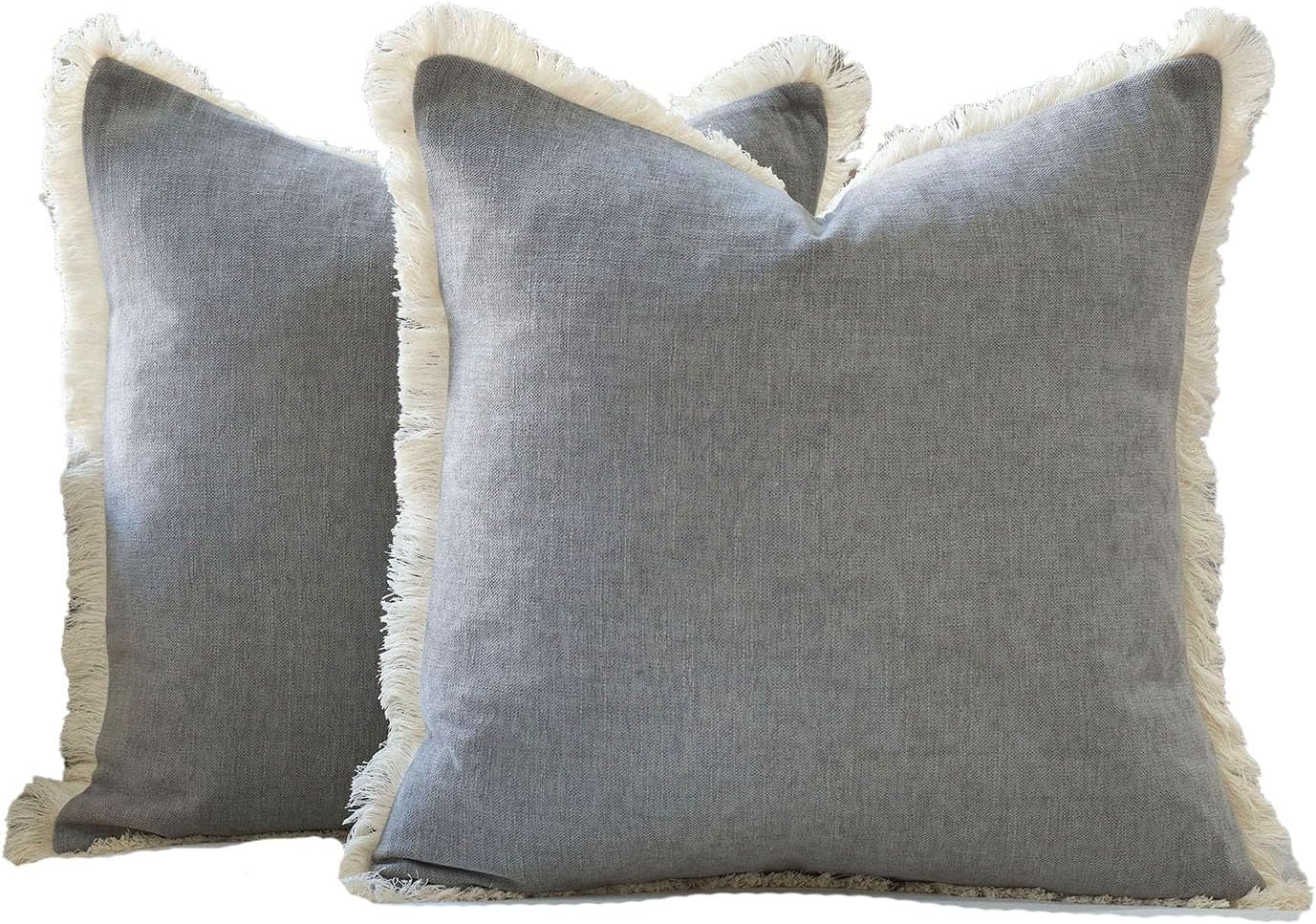 Fringe Throw Pillow Covers Boho Neutral Farmhouse Decorative / Light Grey / 18 x 18 / Set of 2