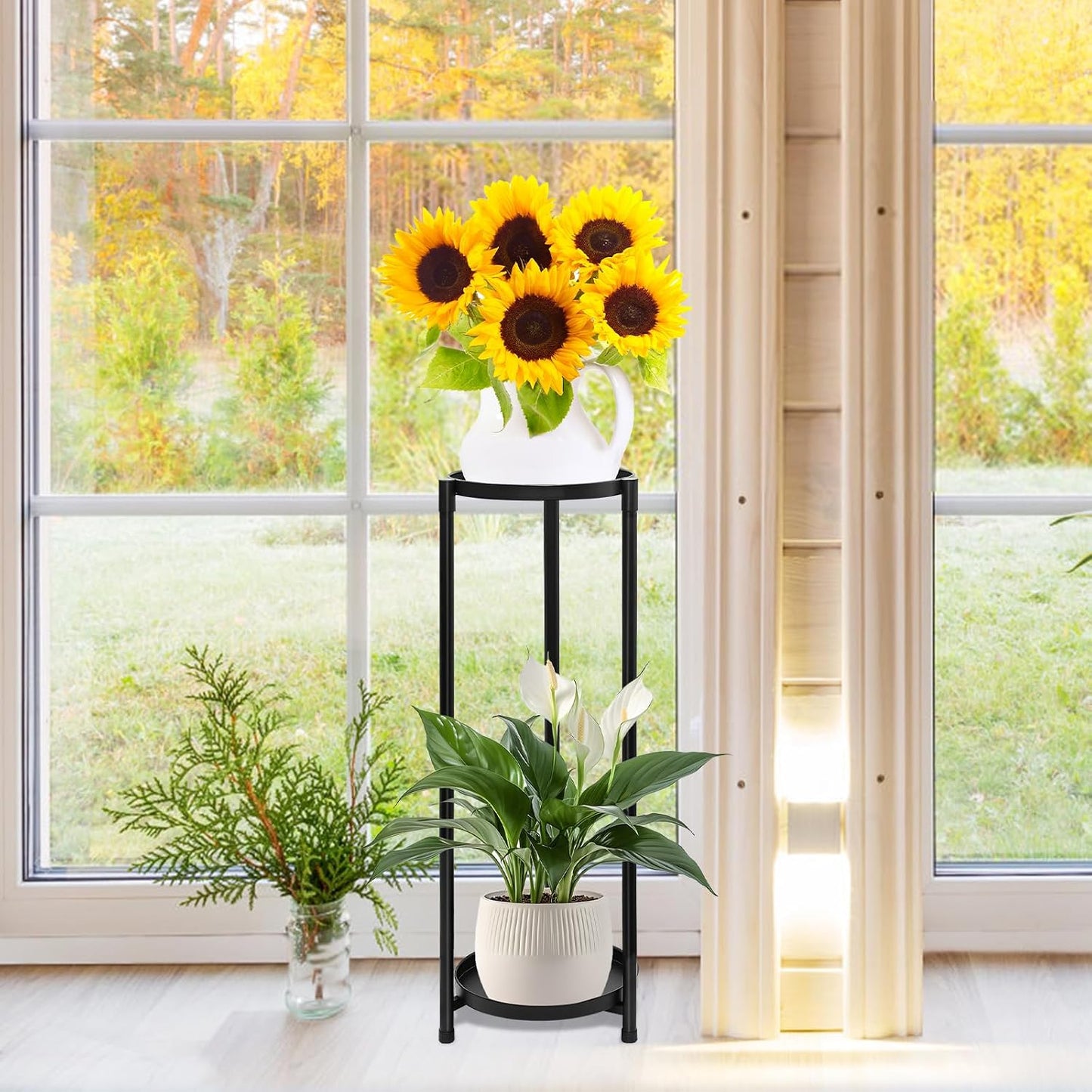 2 Tier Plant Stand Indoor Tall, Black Corner Tiered Round Plant Stand for Indoor Multiple Plants, Metal Flower Pot