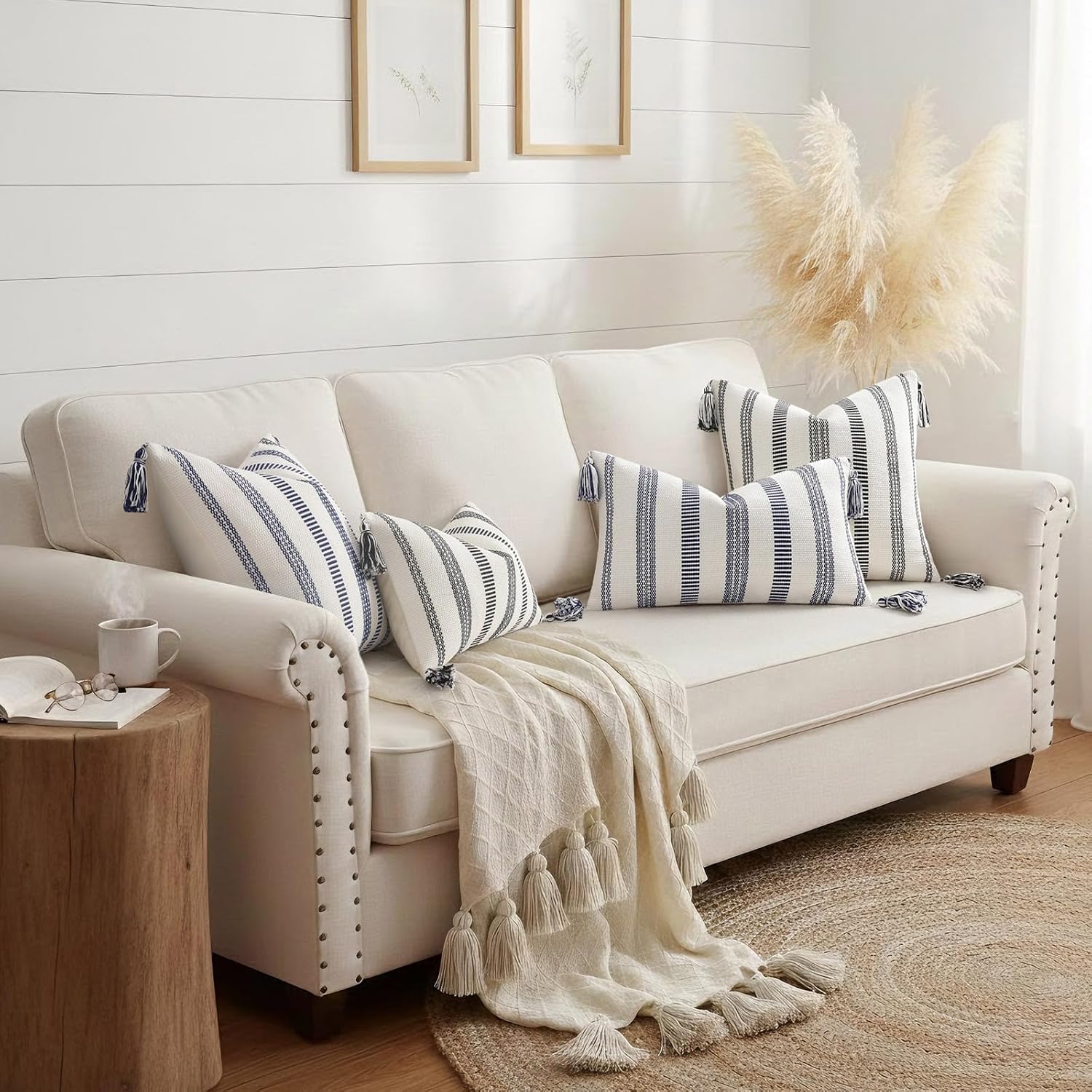 Boho Outdoor Couch Throw Pillow Covers Decorative / Navy Blue and Cream White / 20 x 20 / Set of 2