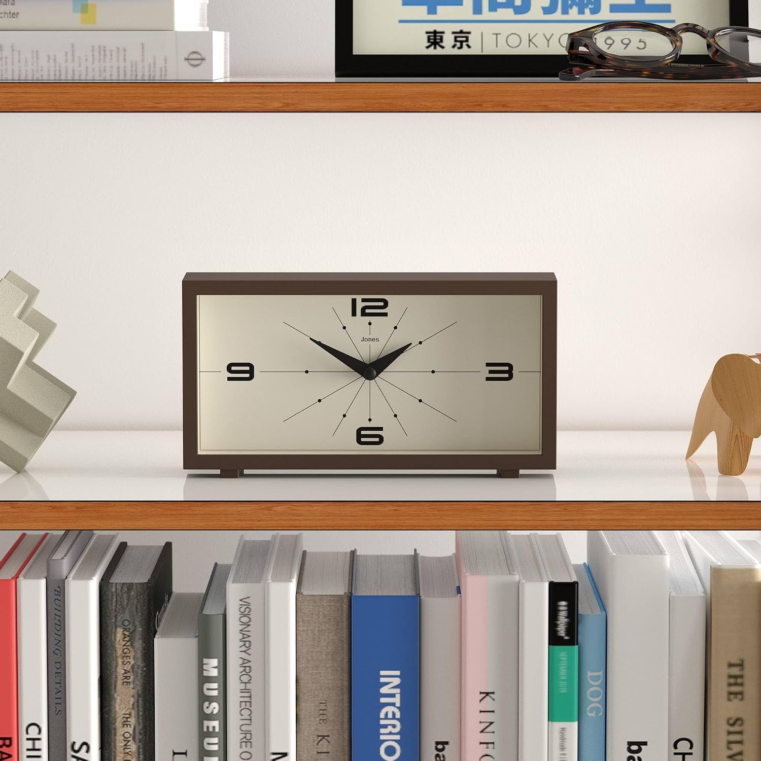 JONES CLOCKS® Odeon Desk Clock | Modern Rectangular Design | Brown | Stylish Retro Look for Shelf, Table, Mantel or
