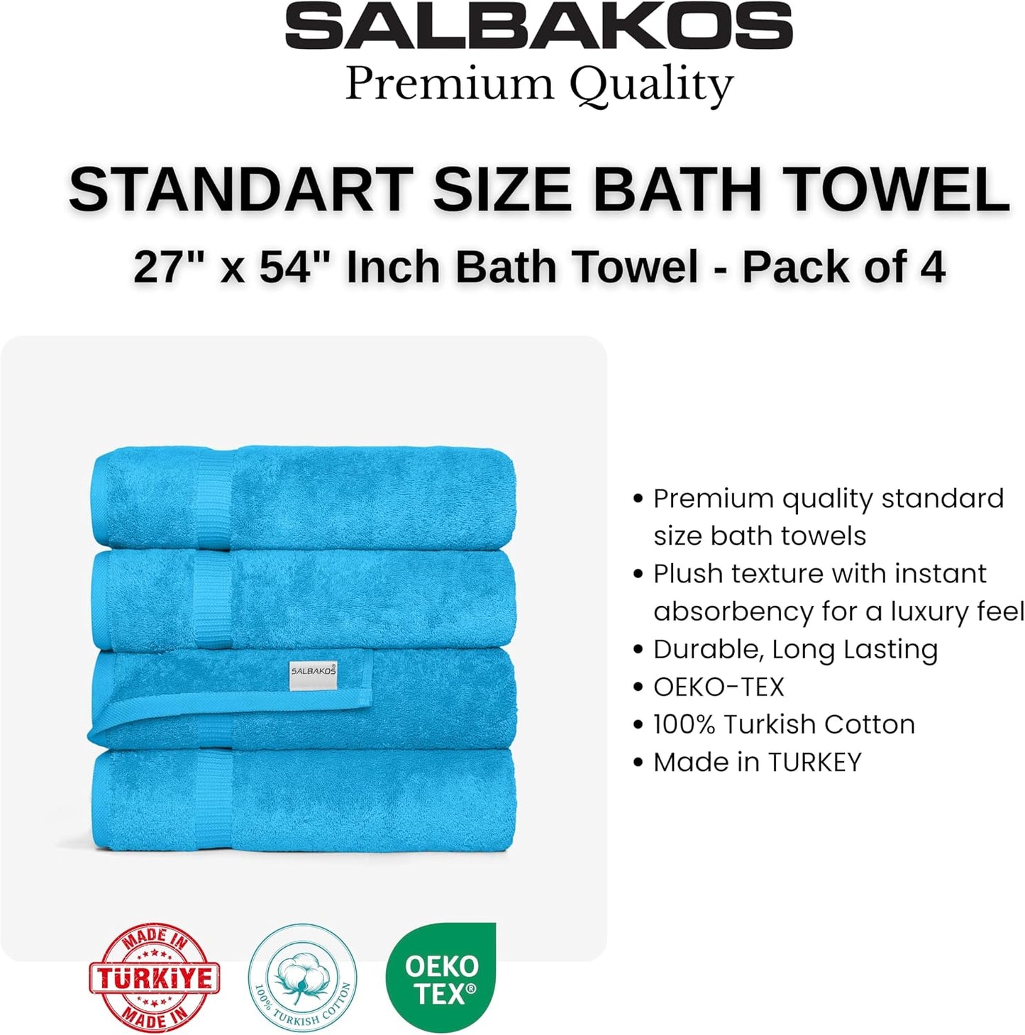 SALBAKOS 4-Piece 100% Turkish Cotton Bath Towels, 27x54 inch, Aqua | Standard Size, 630 Gsm Thick Super Soft Highly