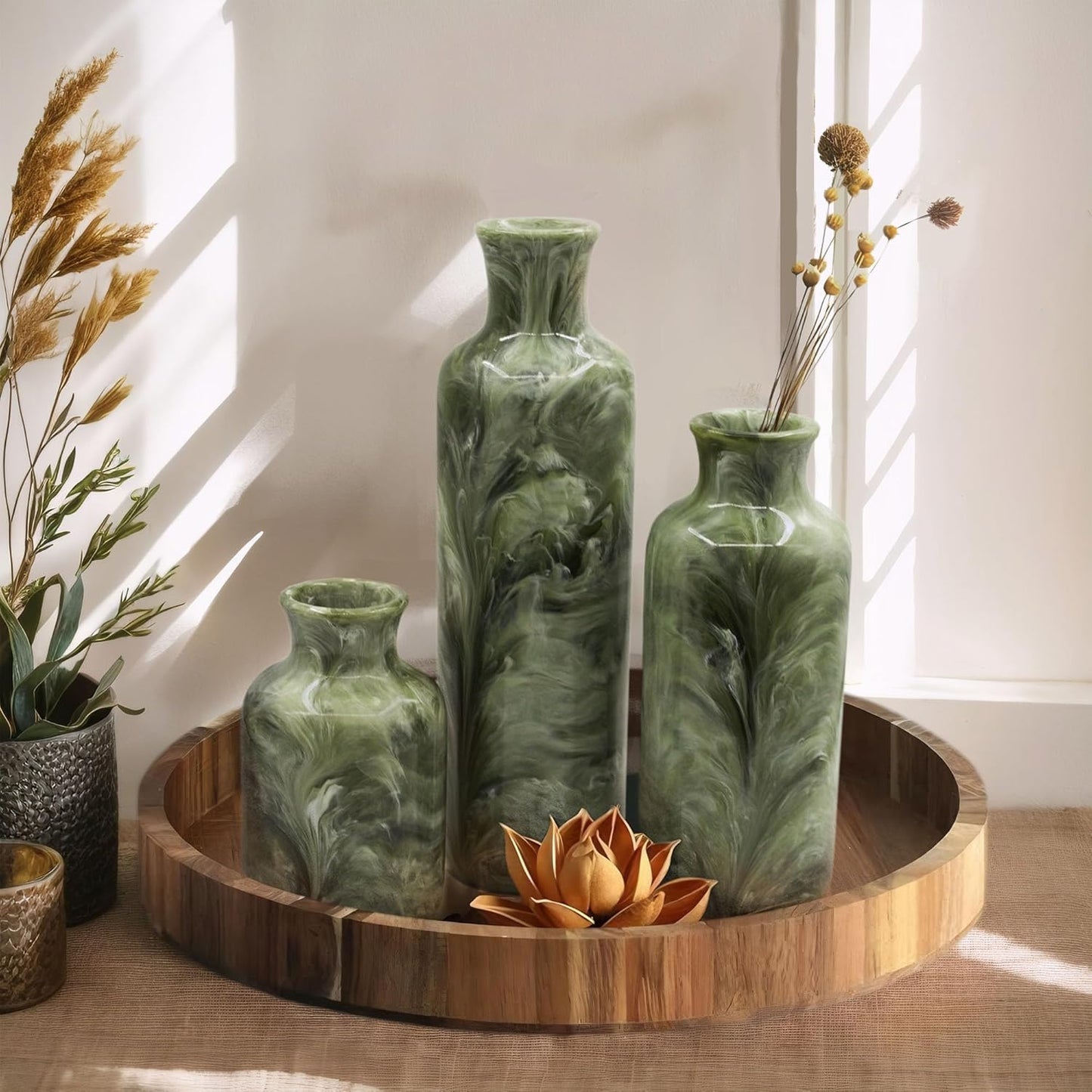 Resin 3 Piece Vase Set / Green