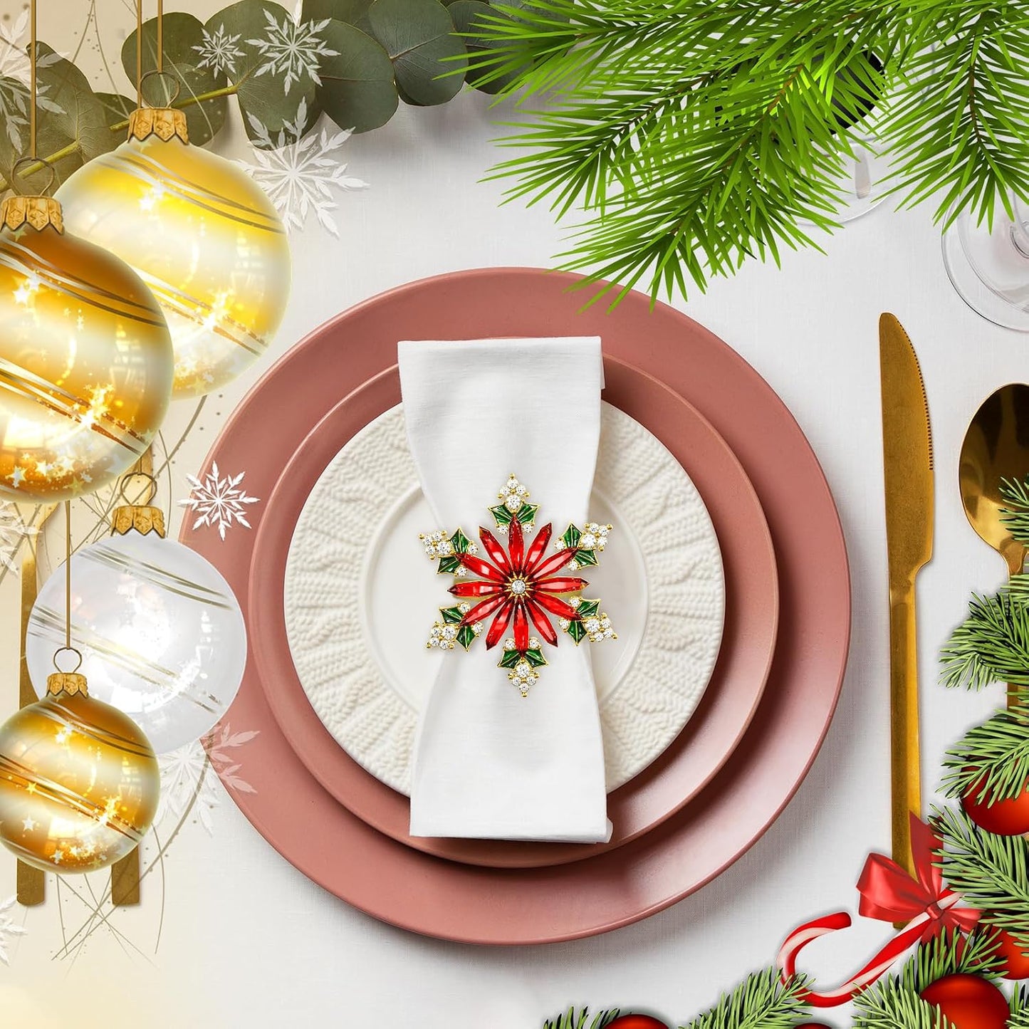 Christmas Crystal Snowflake Napkin Rings Set of 12- Rustic Dinner Tables Setting Decoration for Wedding Receptions