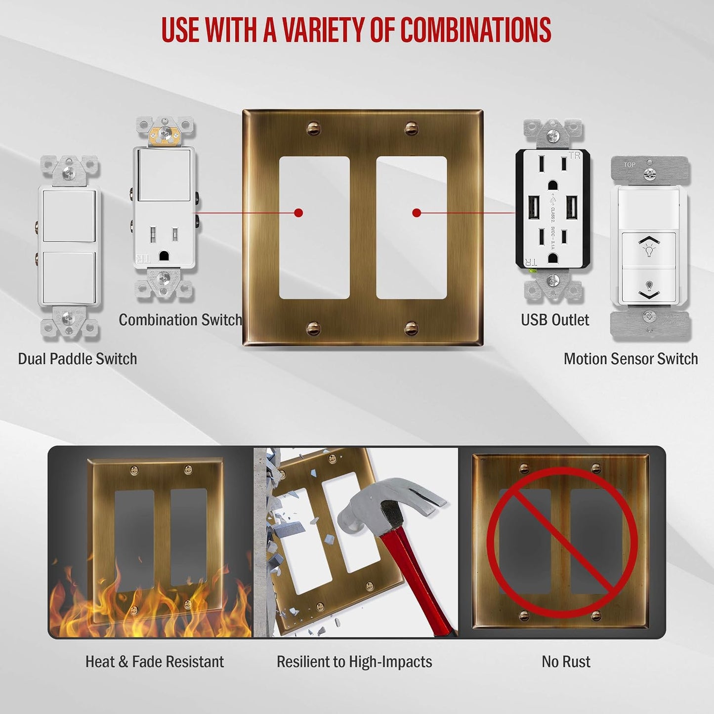 ENERLITES Double Decorator Switch or Receptacle Metal Cover Plate, Corrosion Resistant, Standard Size 2-Gang 4.50" x
