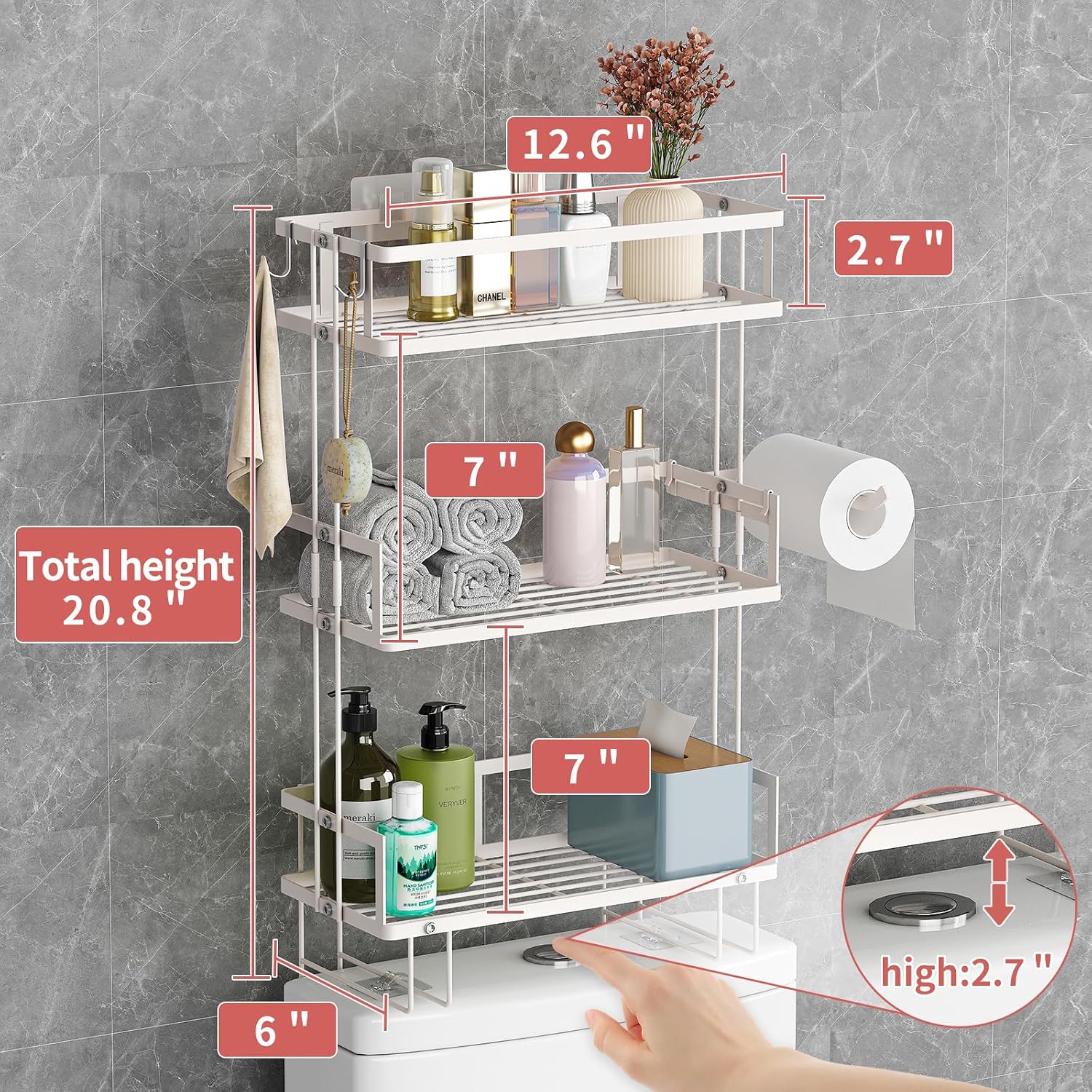 3-Tier Over Toilet Storage Shelf, Wall-Mount with 2 Hook/Paper Rack | Bathroom Organizers and Storage Cabinet