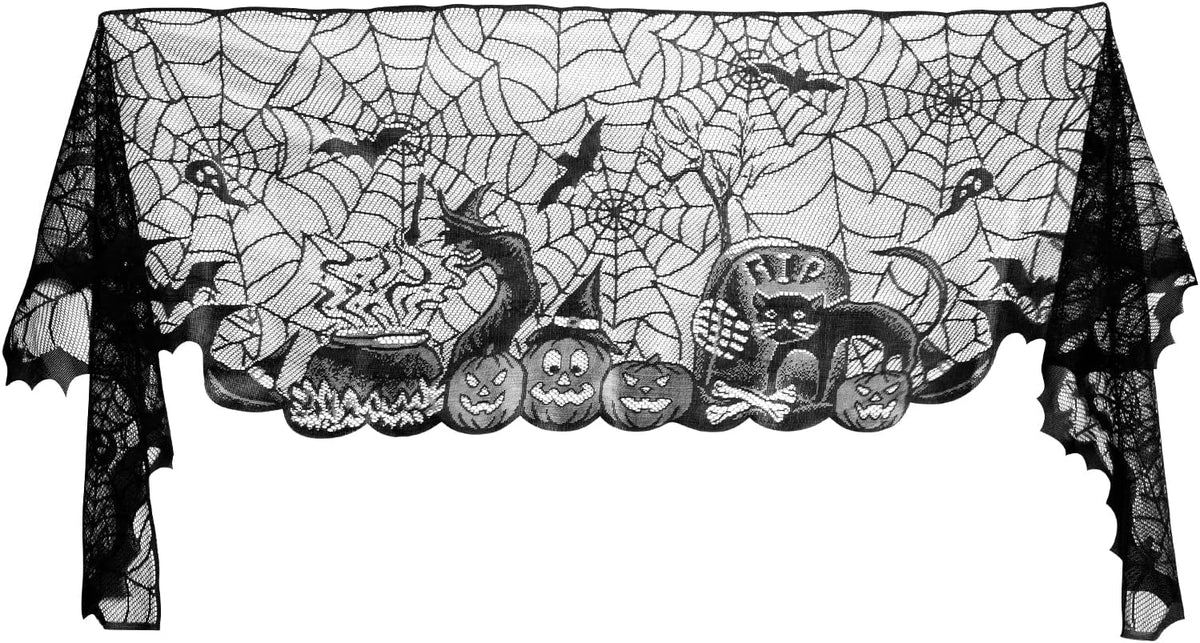 AIEX Halloween Fireplace Scarf, 18x96inch Halloween Fireplace Decorations Lace Spiderweb Cobweb Fireplace Mantle Scarf for Indoor Decor (Black)