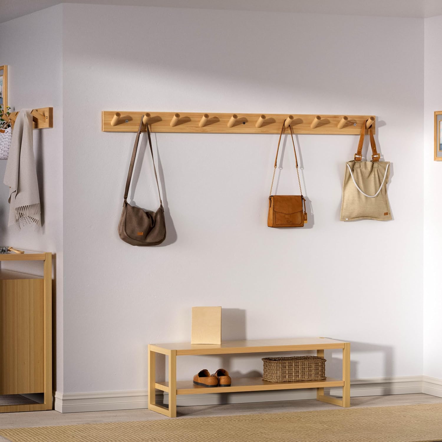 SKOLOO Wall Mounted Coat Rack 38", 10 Hooks, Bamboo, Shaker Style, Natural | Wood wall hooks, painted finish, 100-lb