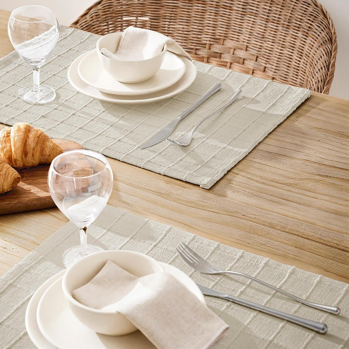 Artisanal Grid Decorative Linen Placemats Set of 6, Ivory | Thick Heavy Textured Washed Linen Place Mats 13×19in