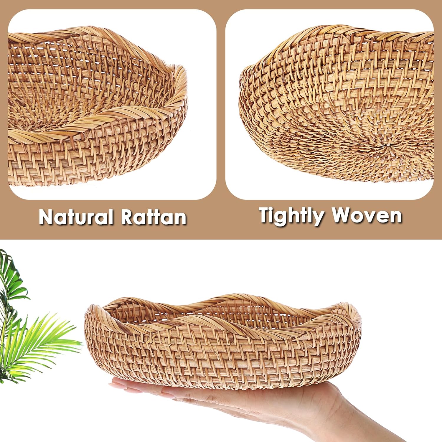 Natural Rattan Tray " Wicker Storage Bowls Hand Woven Basket Tray / 8.5 Inch / Natural Color