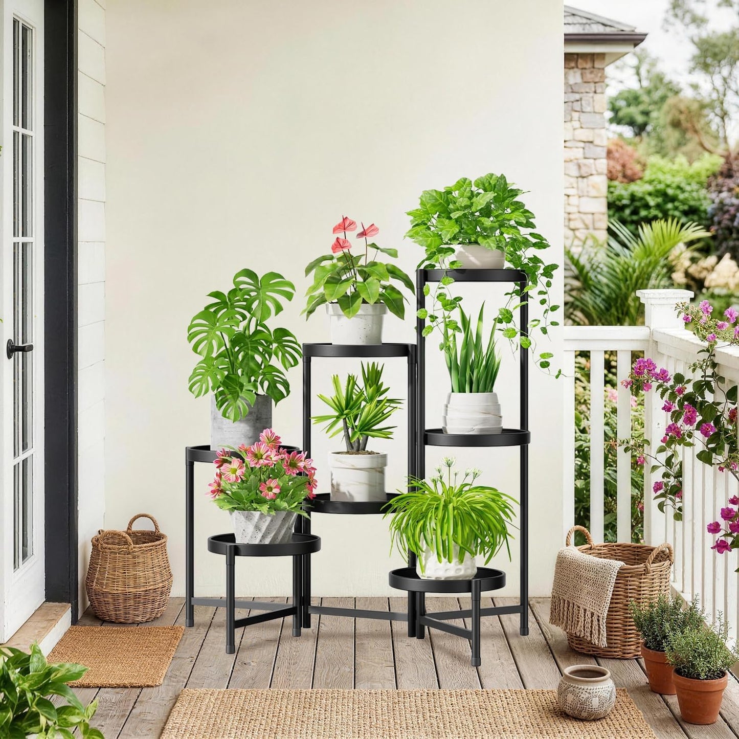 iDavosic.ly 7 Tier Large Plant Stand Indoor Outdoor, 10 In Wide Tray, Black | Tiered Metal Corner Heavy Duty Multiple