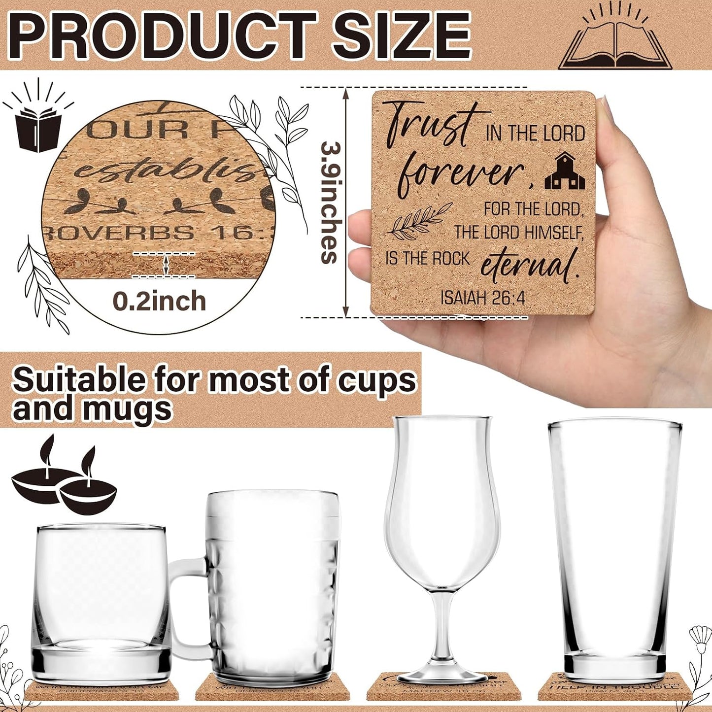 Bible Verses 4" Christian Cork Drink Coasters Set Bulk for Adults / Square / Set of 50