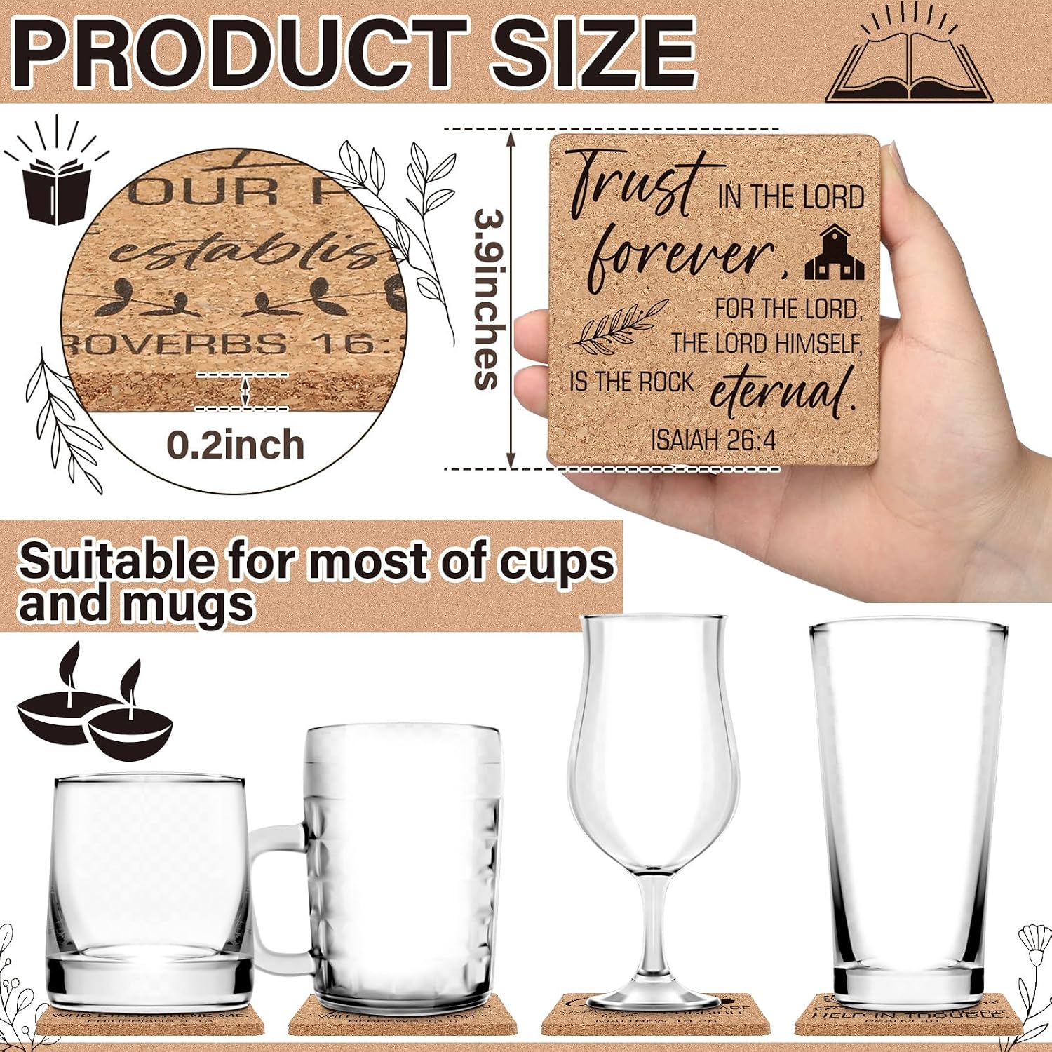 Bible Verses 4" Christian Cork Drink Coasters Set Bulk for Adults / Square / Set of 50