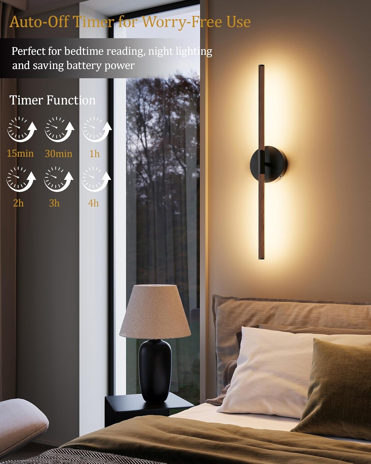32" Battery Operated Wall Sconce Set of 2, 350° Rotating Lamp, Walnut Black | Wireless, 8000mAh Rechargeable Battery