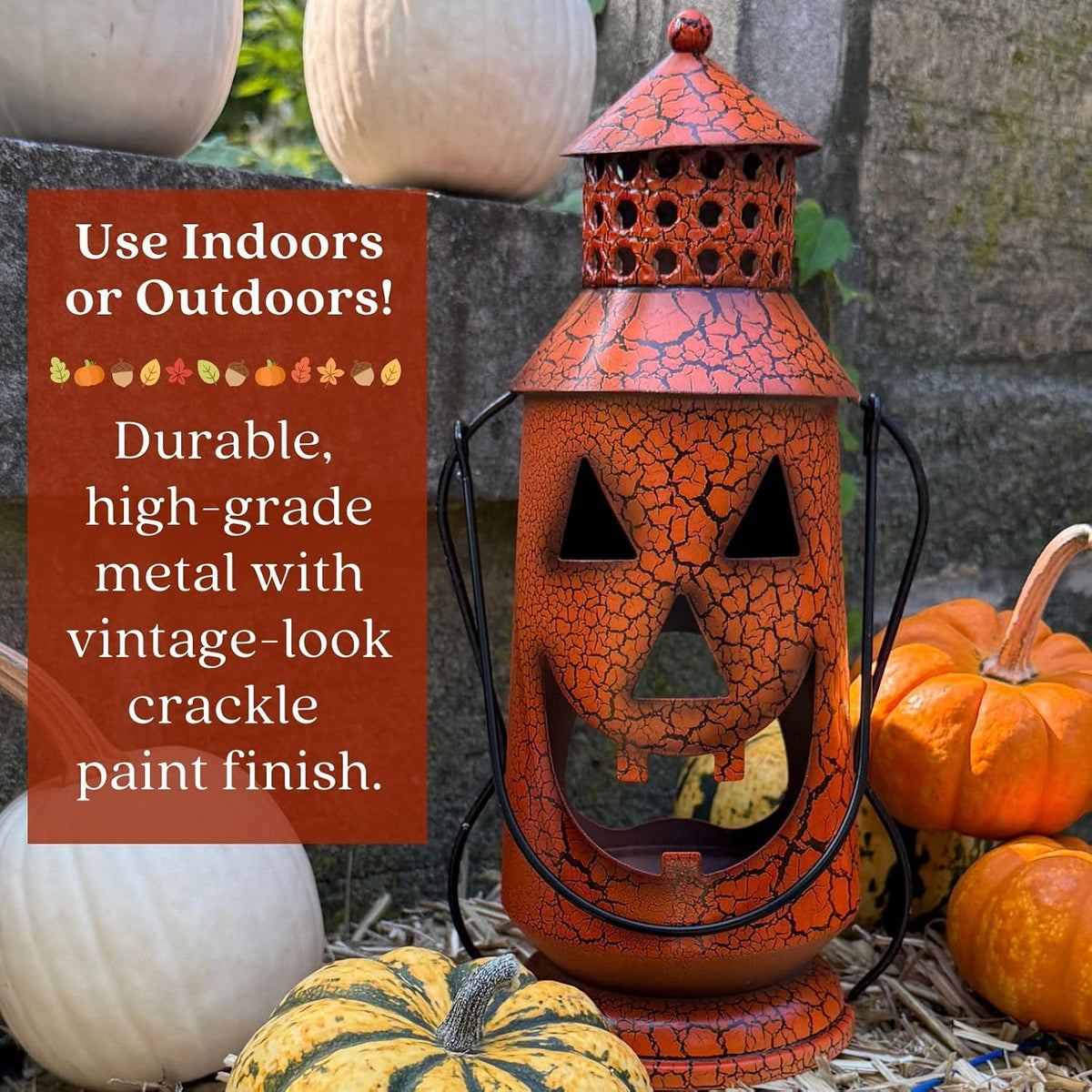 Clovers Garden Halloween Pumpkin Rustic Lantern with Handle, 11.5" Tall Metal Jack O Lantern Fall Decoration, Standing