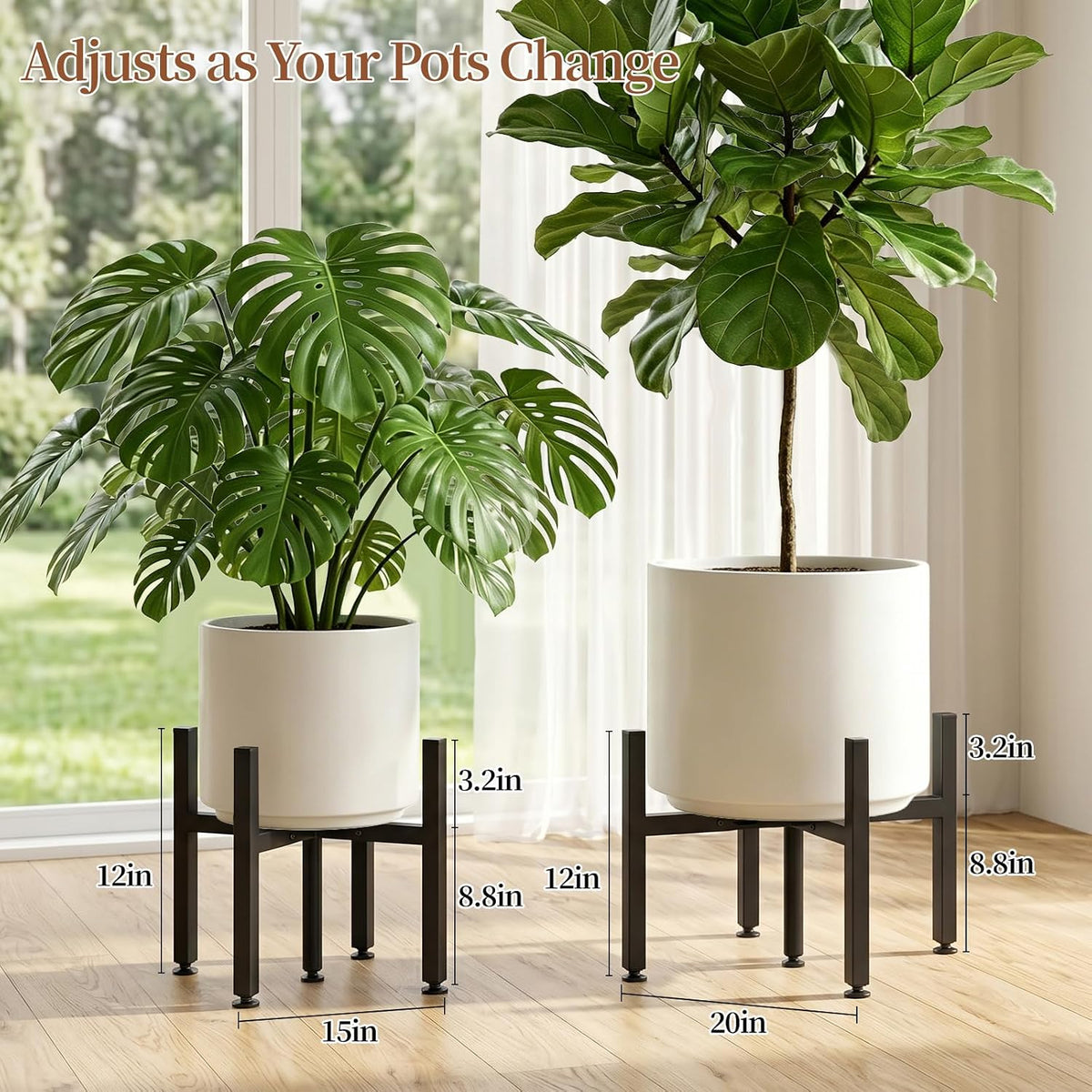 Plant Stand Indoor Outdoor, Adjustable Plant Stands Fit for 15–20-Inch Large Plants, Mid-Century Metal Planter Stand