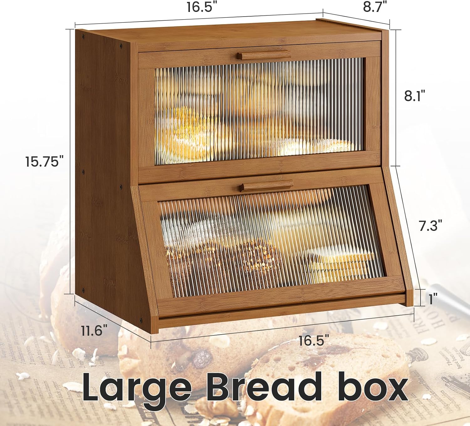 GHWIE Double Layer Bamboo Bread Box for Kitchen Counter,Large Capacity Bread Storage Bin,Bread Container with Acrylic