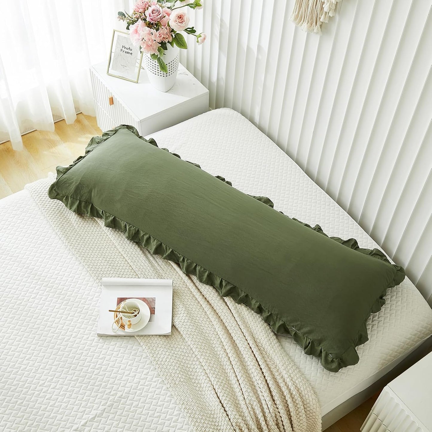 Shabby Chic Pillow Cover / Body / Olive Green / 20 x 54