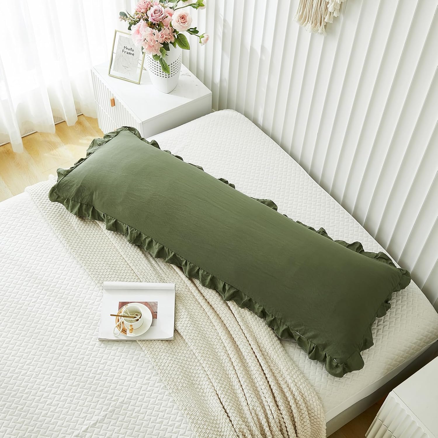 Shabby Chic Pillow Cover / Body / Olive Green / 20 x 54