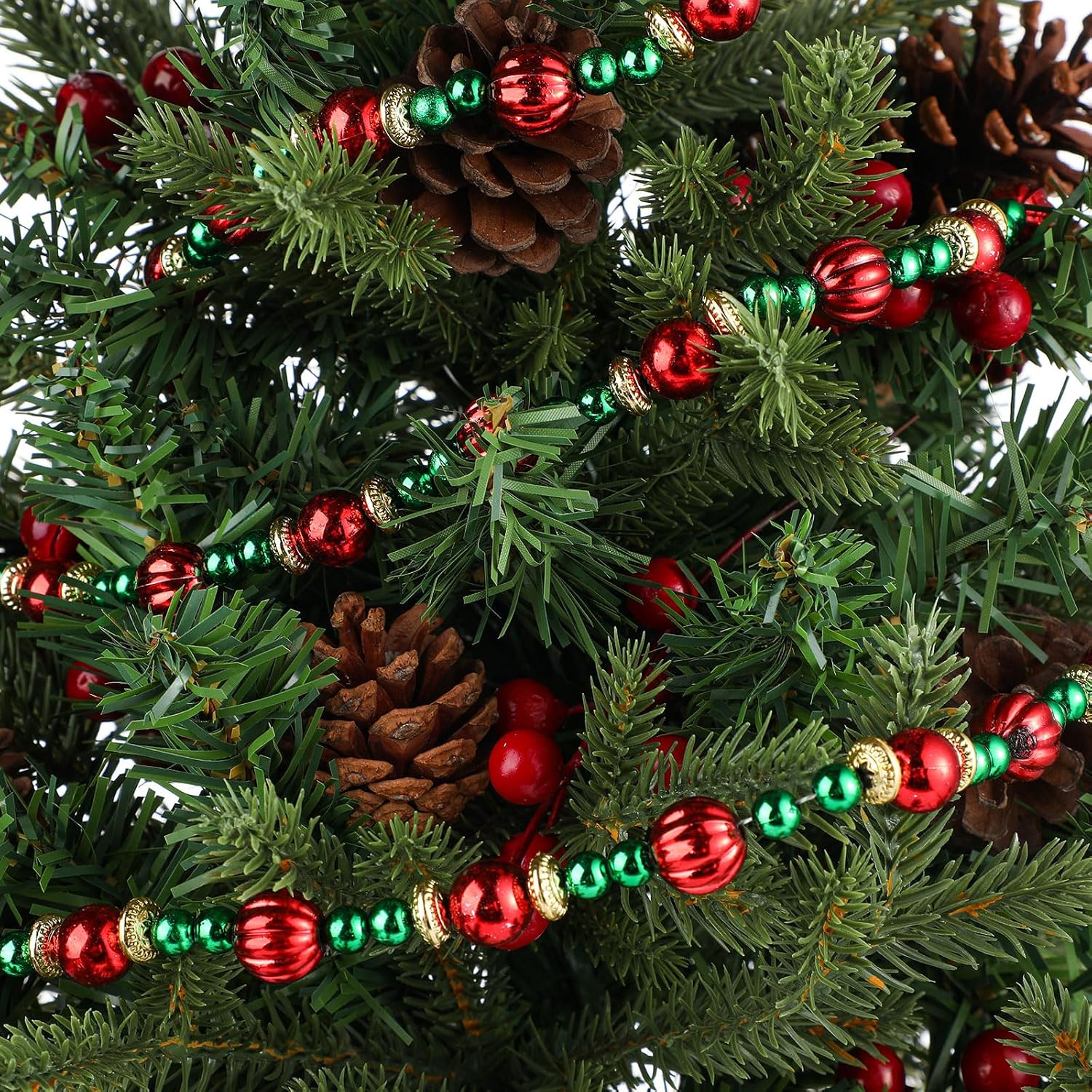 Geosar 12 Pcs 2 Pcs Bead Garland for Christmas Tree 9 Feet Red and Green | Twisted Pearl Beads with Gold Spacers