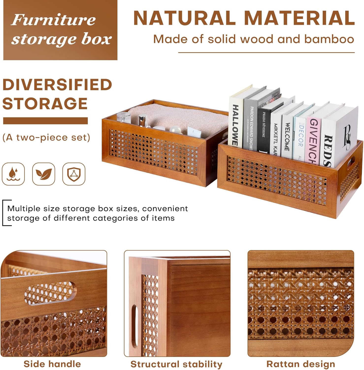 Frame & Handles Decorative Natural Bamboo Woven / Brown / 15 x 11 x 5.9 / 2 Set / Set of 2