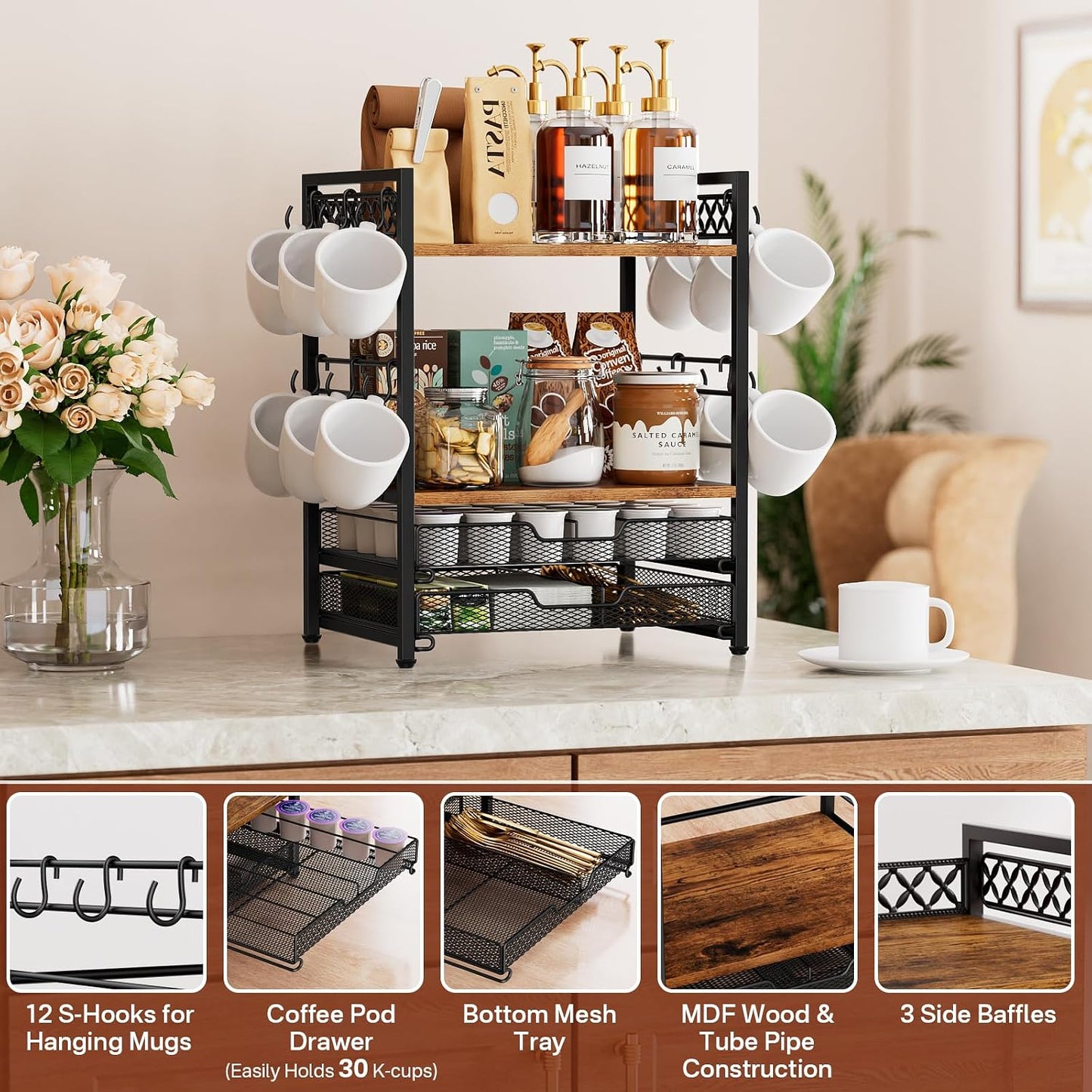 Plaviya Coffee Bar Organizer Coffee Station K Cup Holder for Countertop | 30 Coffee Pods Organizer, Mug Holder with 12