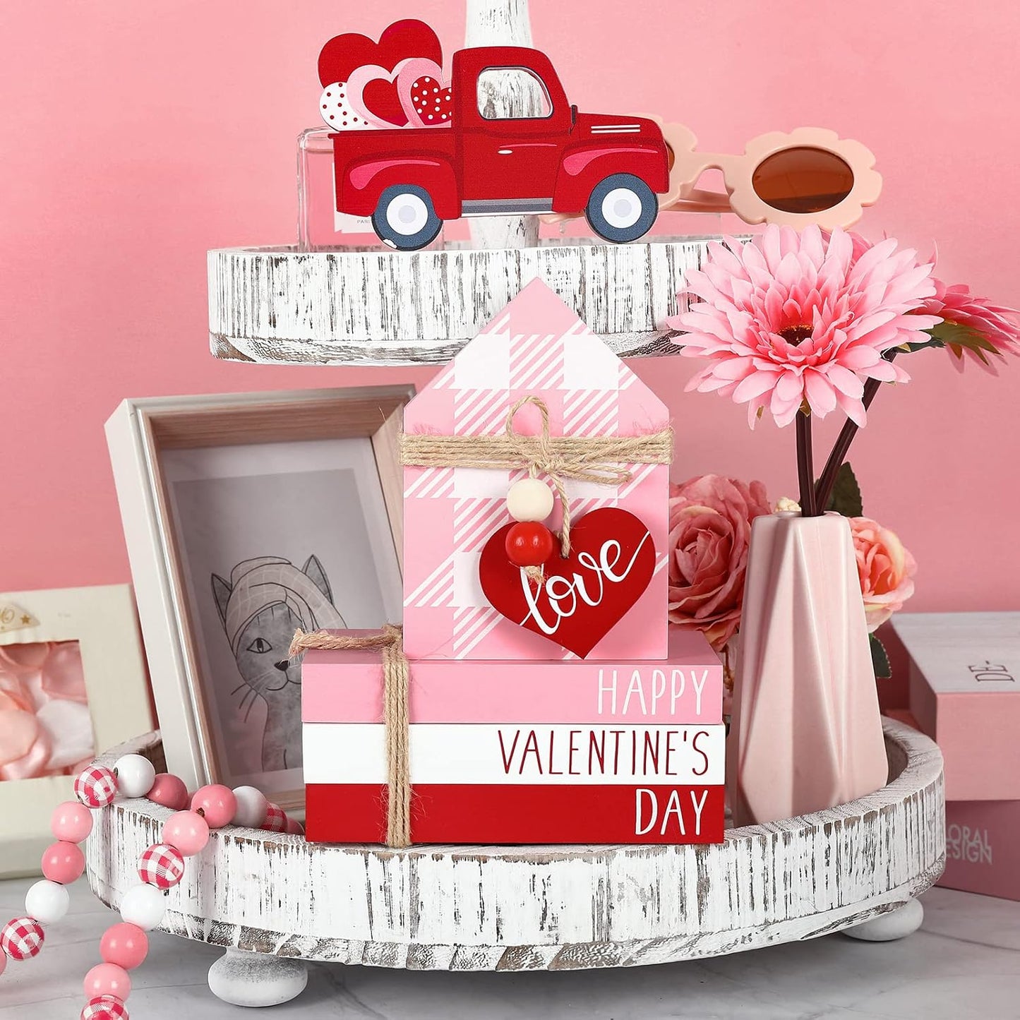 Valentine's Day Wooden Tiered Tray Decorative White Faux Stacked Books Wooden Block Sign / Pink