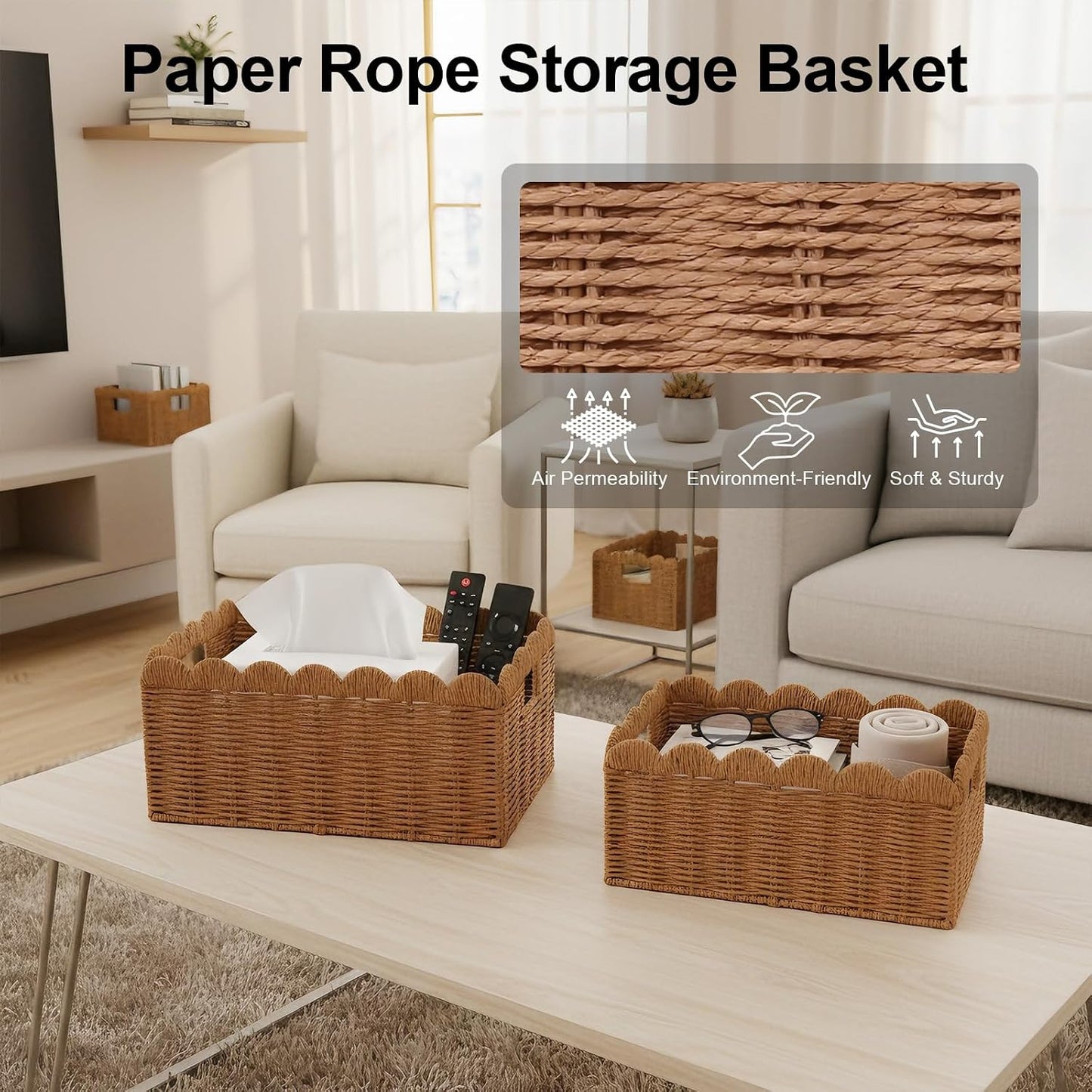 Scalloped Wicker Baskets / Handles-brown / Set of 3