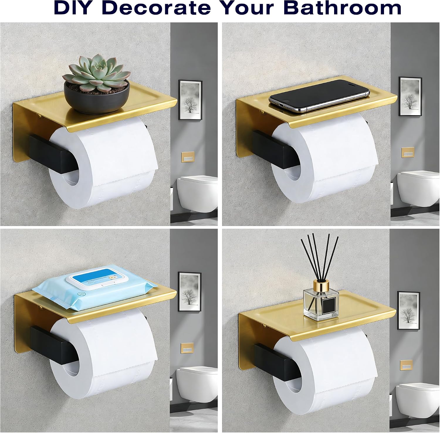 Alise Toilet Paper Holder with Shelf Wall Mounted,Gold and Black Finish | Self Adhesive or Drilling,SUS304 Stainless