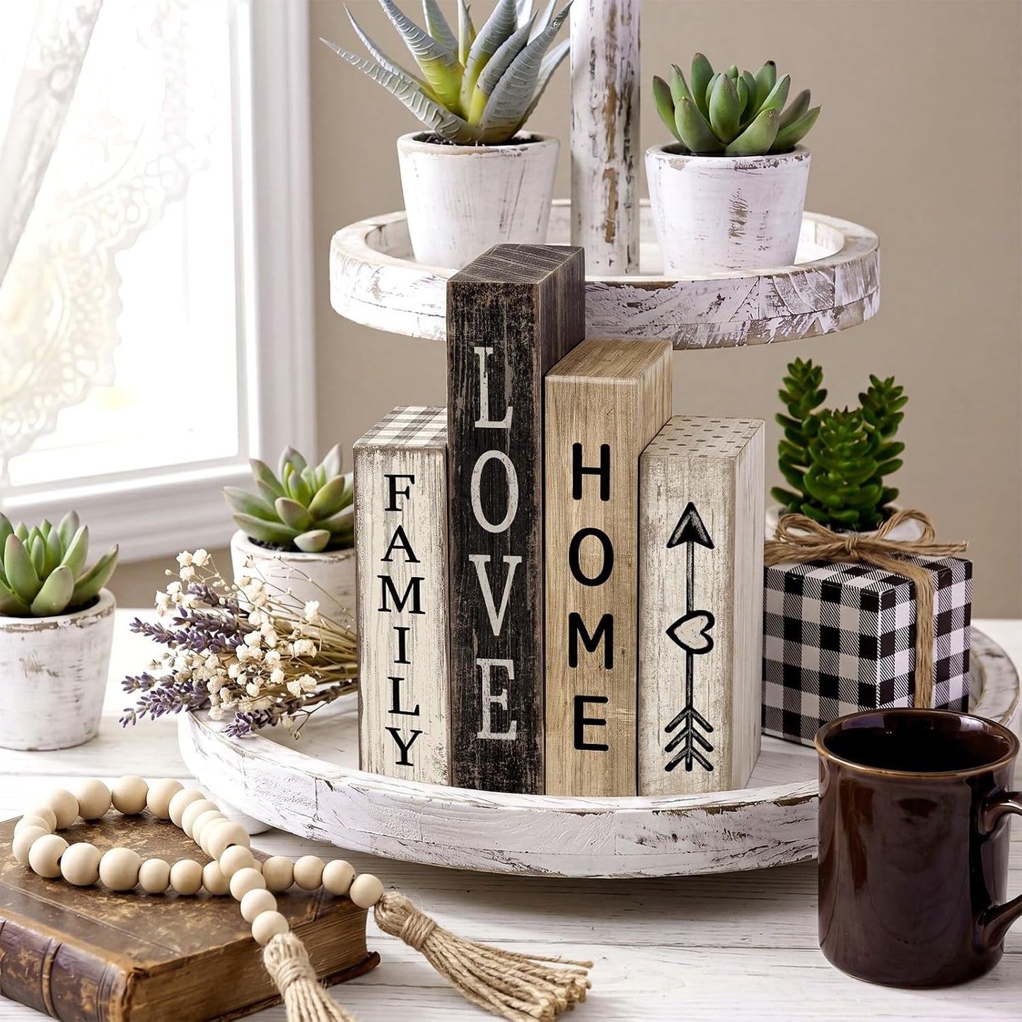Farmhouse Table Decor Wooden Stacked Books Family Sweet Home Tiered / Family Love Home / Set of 4