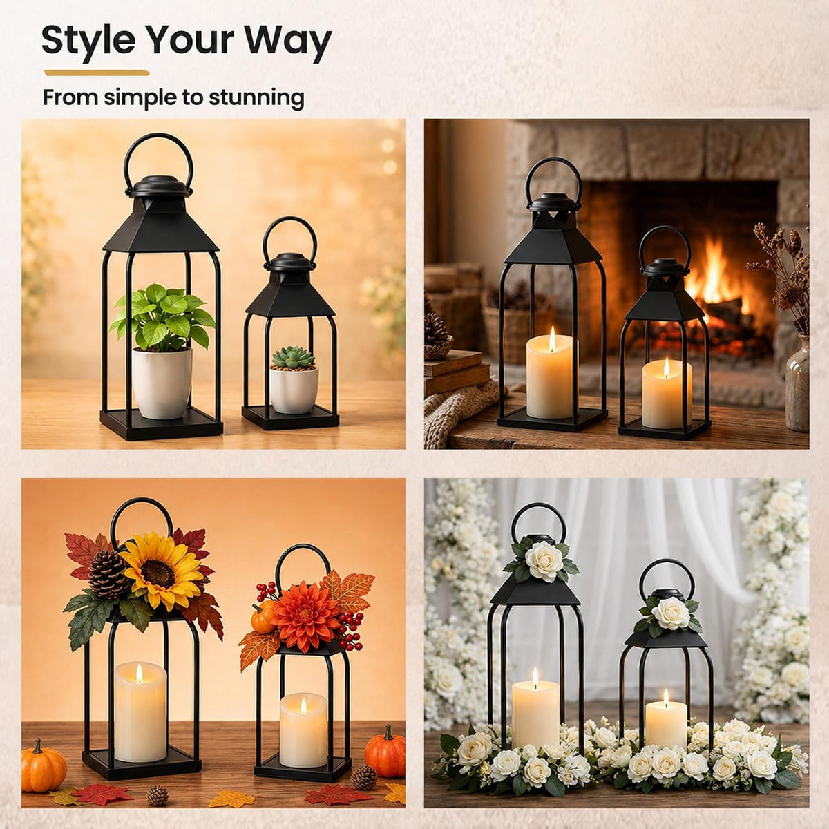 Decorative Metal Lanterns Indoor Outdoor, Set of 2 Outdoor Candle Holder | Candle Holder for Porch, Patio, Fireplace