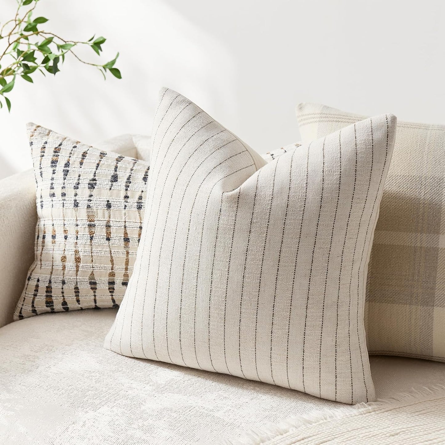 Linen Striped Throw Pillow Covers Neutral Couch Pillow Cases Farmhouse / Brown / 18 x 18 / Set of 2