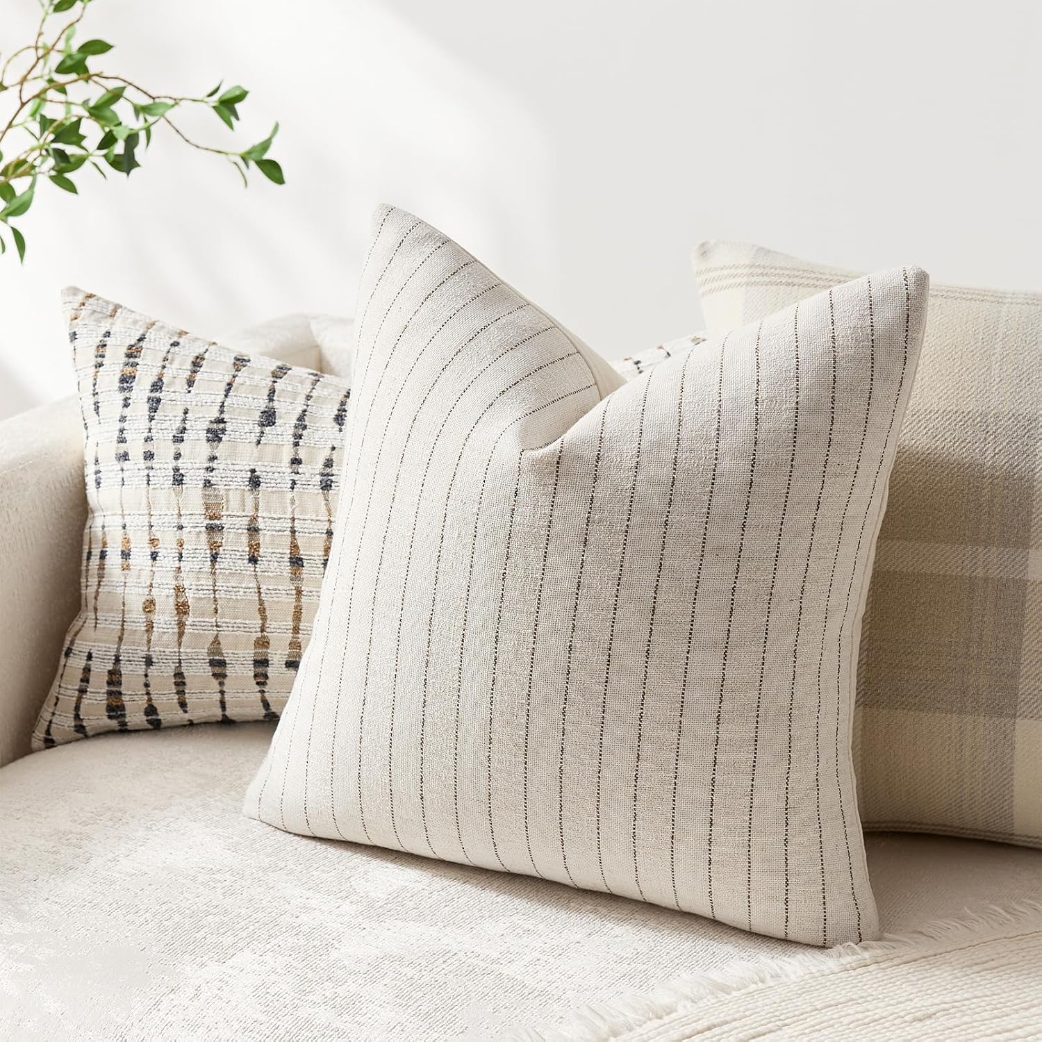 Linen Striped Throw Pillow Covers Neutral Couch Pillow Cases Farmhouse / Brown / 18 x 18 / Set of 2