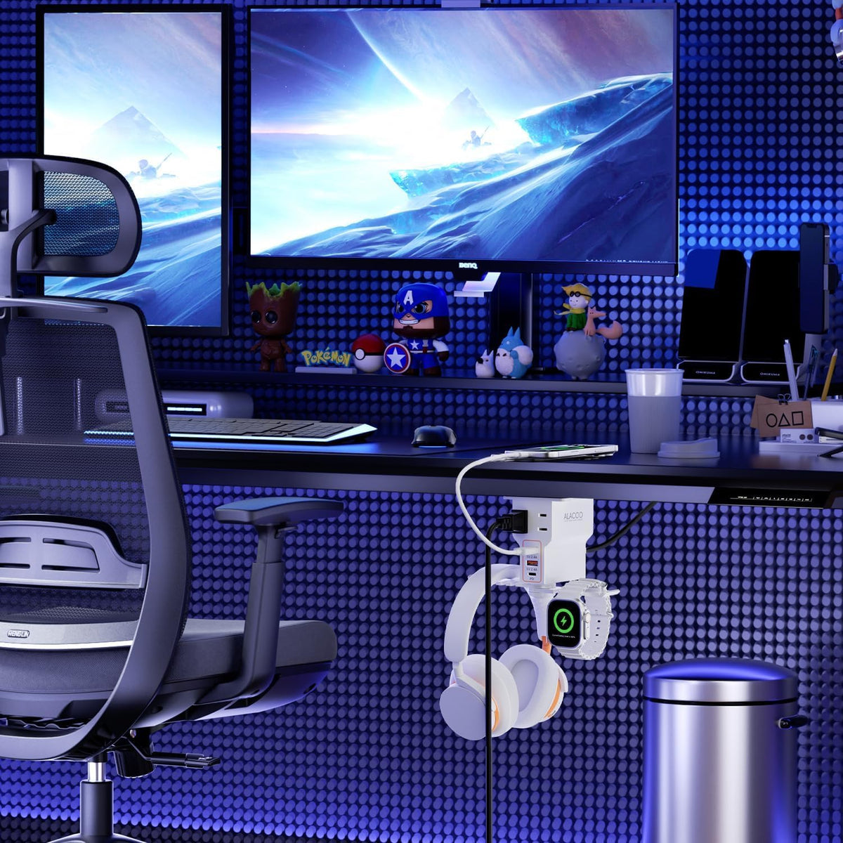 Multi-Function Desk Headphone Hanger Hook Gaming Office | 2 USB, 1 Type-C, 2 AC Outlets Desk Hook Holds Headsets &