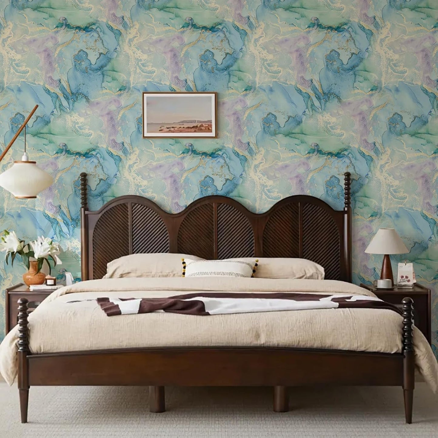 Watercolor Blue Gold Marble Peel and Stick Wallpaper Self / 17.7 x 118.1 / Mint Green and Gold