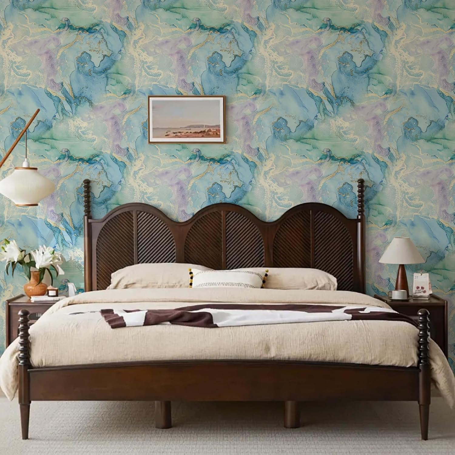 Watercolor Blue Gold Marble Peel and Stick Wallpaper Self / 17.7 x 118.1 / Mint Green and Gold