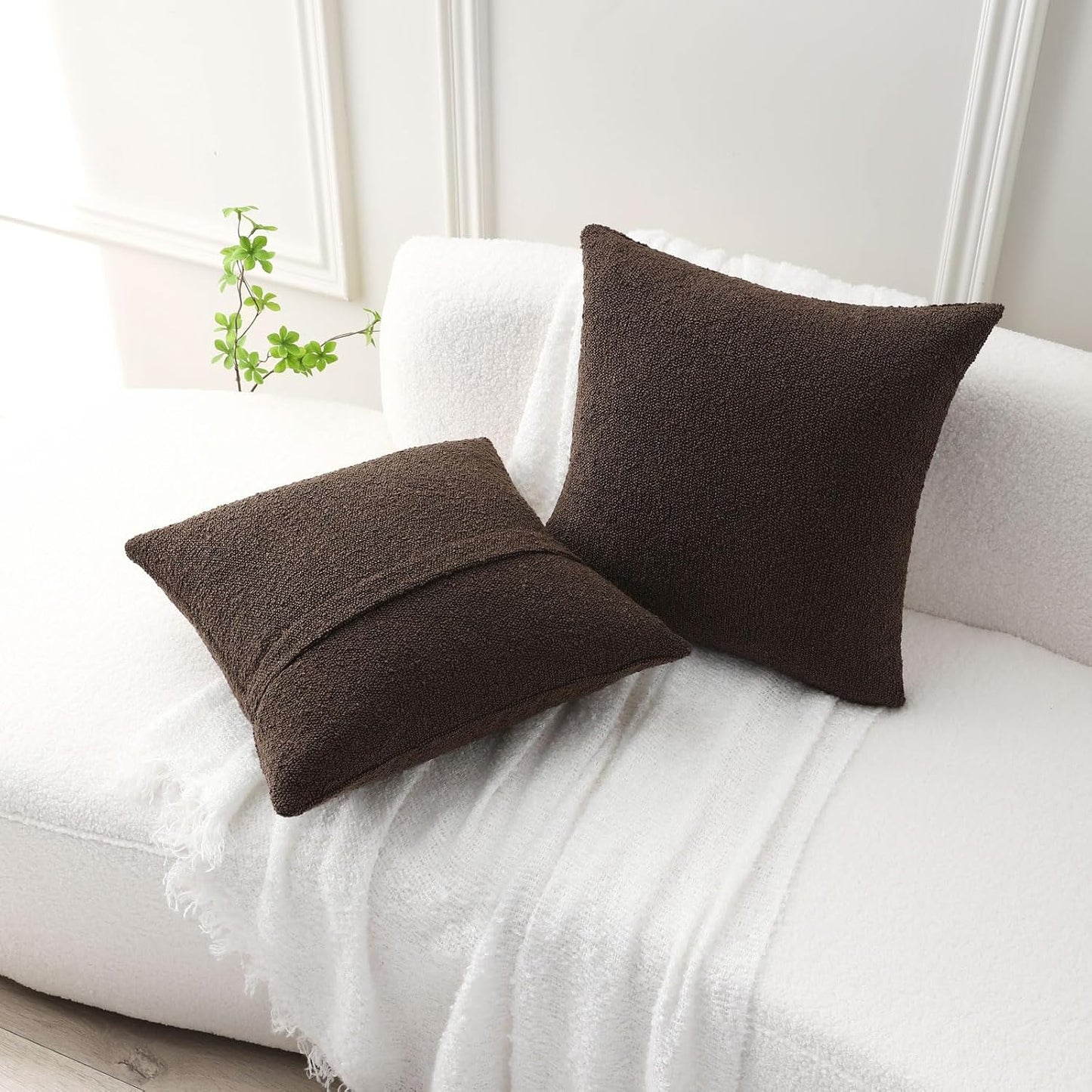Decorative Throw Pillow Covers Soft Solid Boucle Textured Cushion / Dark Coffee / 18 x 18 / Set of 2