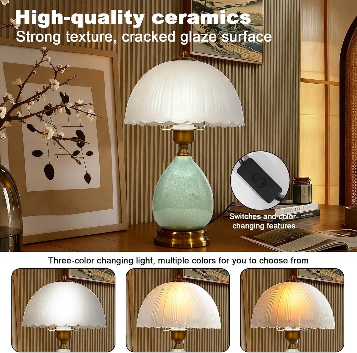 Ceramic Retro Table Lamp, Vintage, 15", Chinoiserie Green Glass | Traditional Design, For Living Room, Bedside