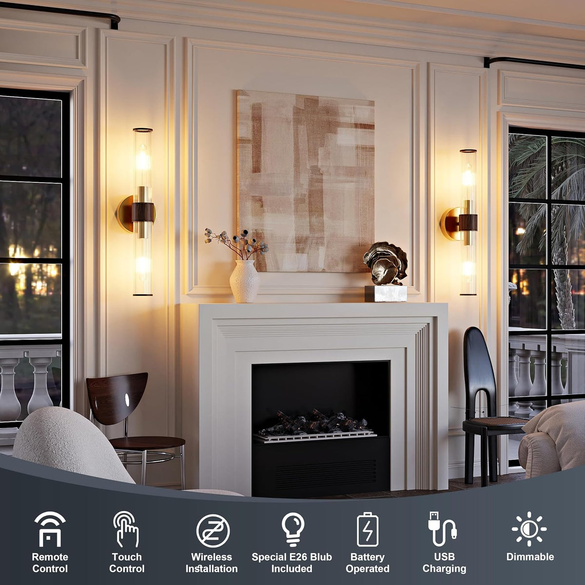 Morauroral Gold Walnut Battery Operated Wall Sconces Set of 2 | Rechargeable Wall Lights with Remote, 20 Inch Modern