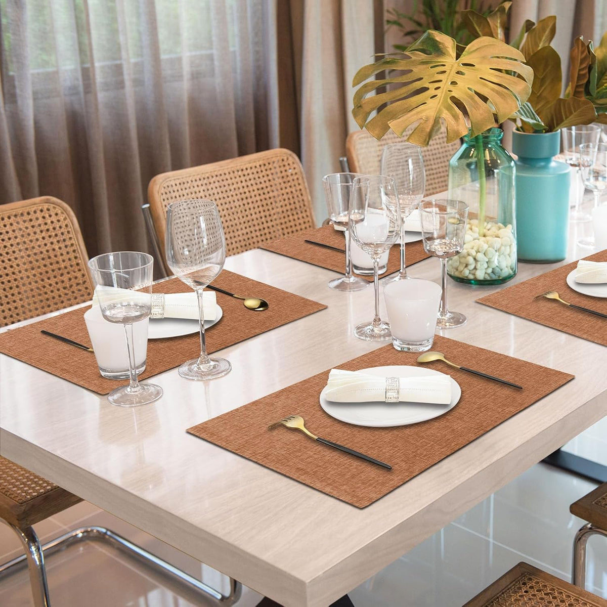 Cloth Placemats Set of 6, Cotton Linen Blend Place Mats, Flaxen | Machine Washable, Double Layered, Heat Resistant