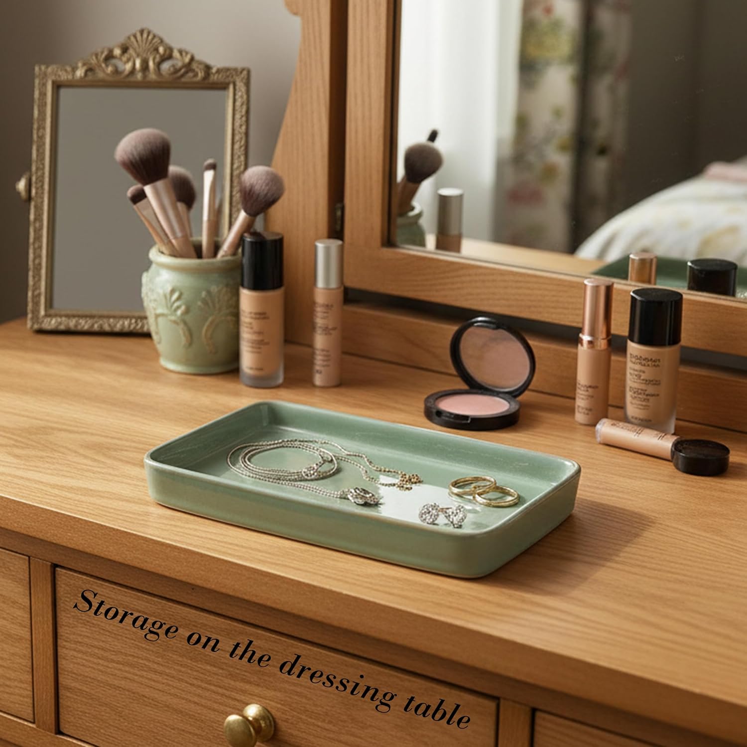 Bathroom Vanity Tray for Countertop- Ceramic Decorative / Kiln-transformed Green-1 Pc / 10 x 6 x 1