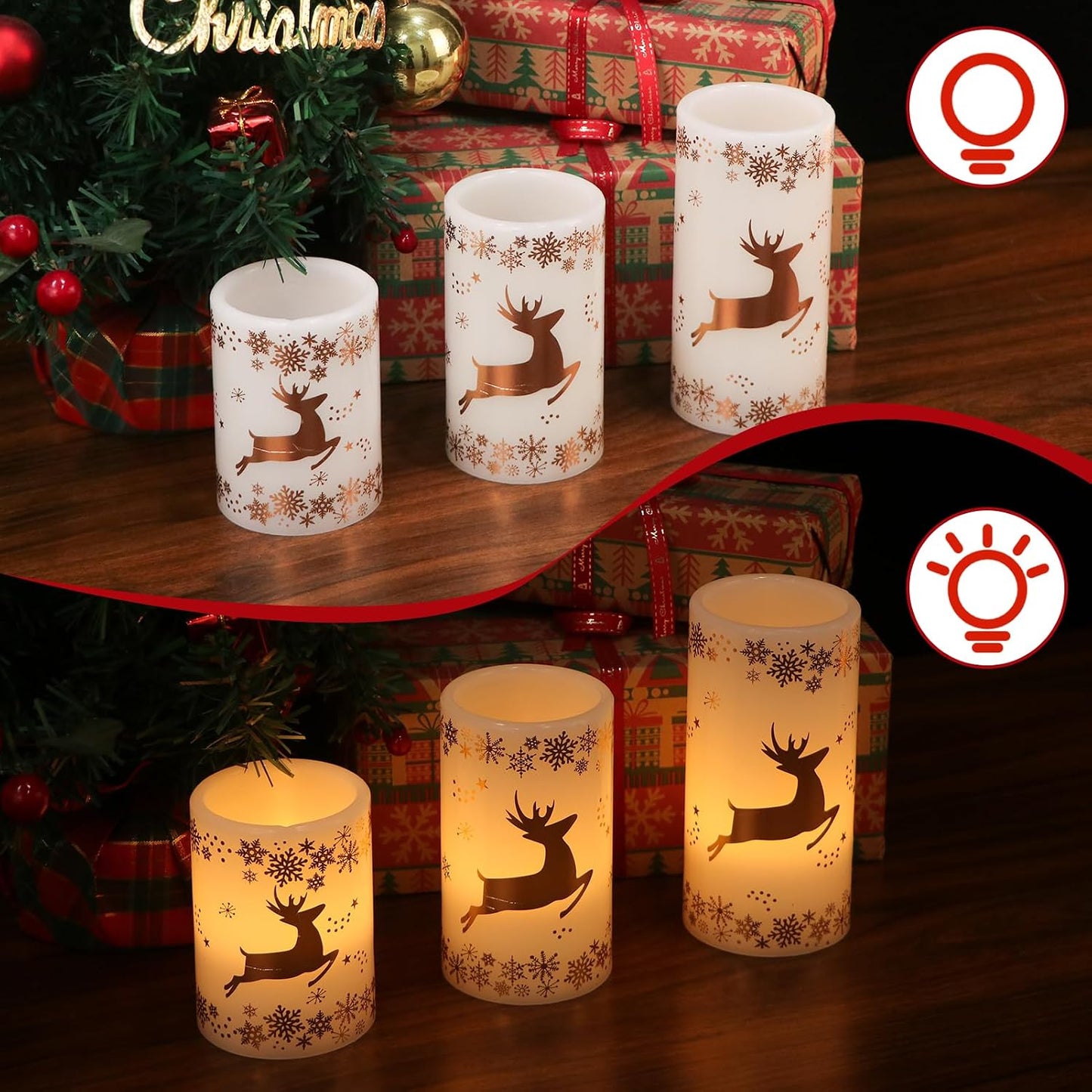 Gold Deer Flameless Candles Battery Operated with 6 Hour Timer | LED Pillar Candles Flickering, Real Wax Warm Light