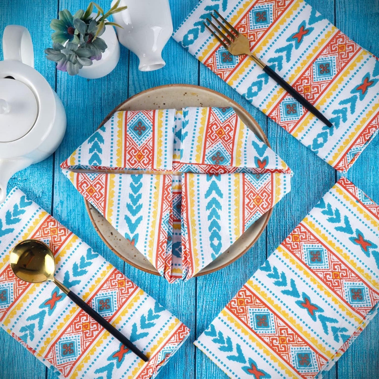 FINGERCRAFT Cloth Napkins Set of 12 Cotton Linen, 20x20 in, Tribal Spirit | Mitered corner, washable, soft, absorbent