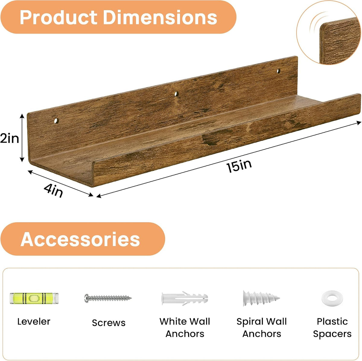 upsimples 4 Pcs 15" Acrylic Shelves for Wall Decor and Display, Rustic Wood | Cute Floating Shelf for Perfume