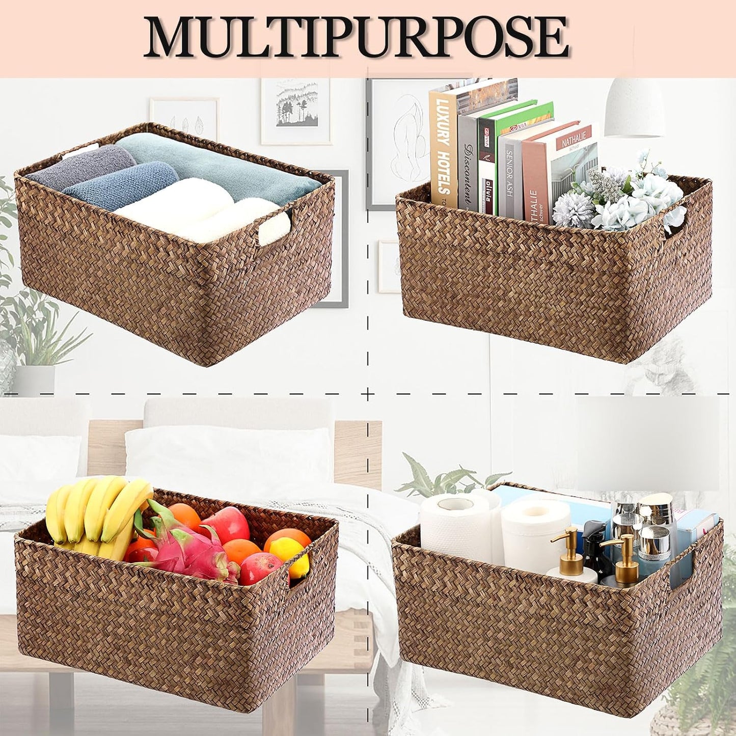 Seagrass Storage Baskets Bin / 16.1 x 11.8 x 7.7 / Large / Coffee