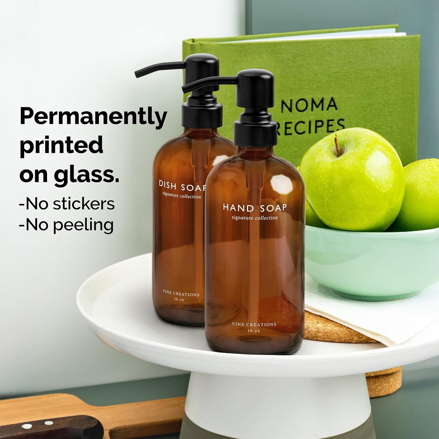 Vine Creations Amber Glass Soap Dispenser Set, Dish Soap and Hand Soap Dispenser Set with Stainless Steel Pump, 16 oz