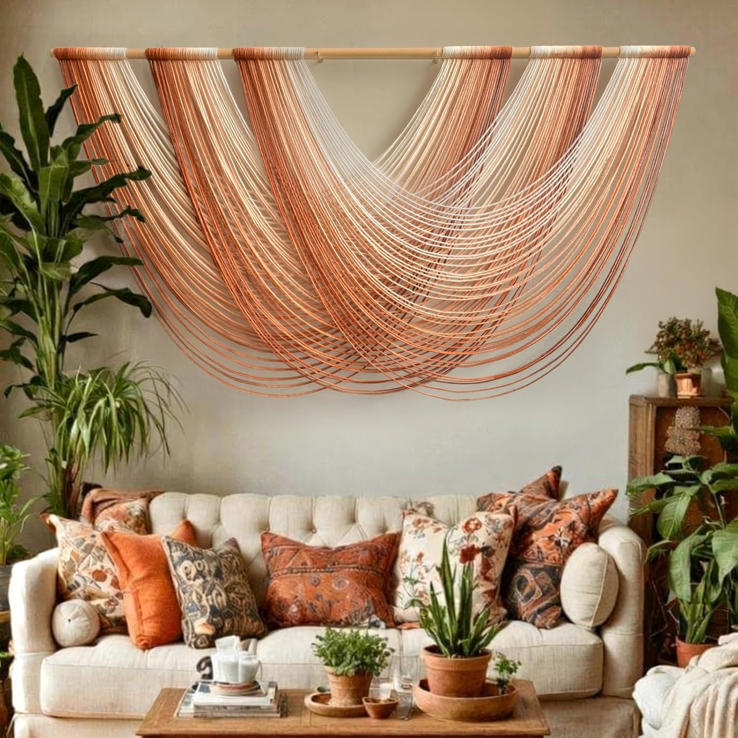 Macrame Wall Hanging Orange Boho Fiber Art Large Decor 57"W*31"L